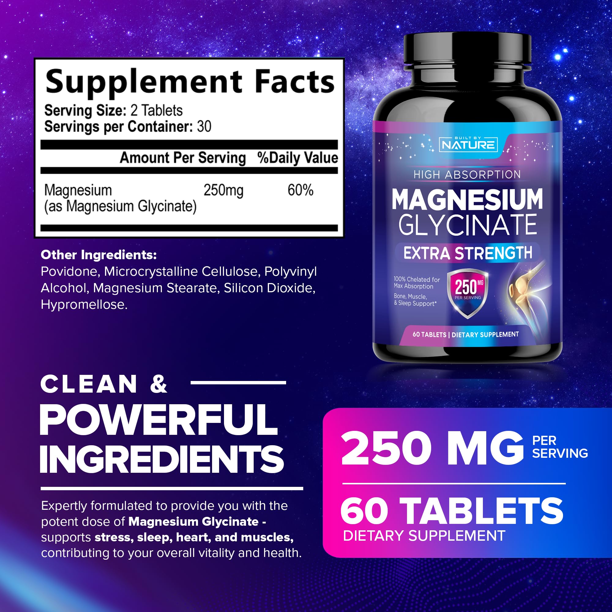 Built by Nature Magnesium Glycinate 250mg tablets side view