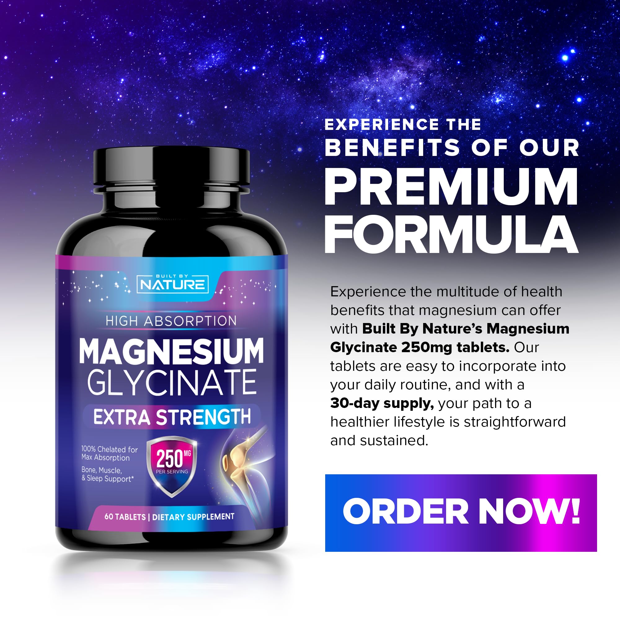 Built by Nature Magnesium Glycinate 250mg tablets with a measuring spoon