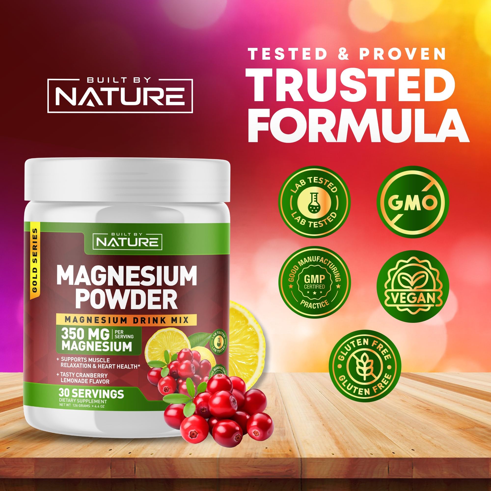 Built by Nature Magnesium Powder Cranberry Lemonade served with a lemon slice