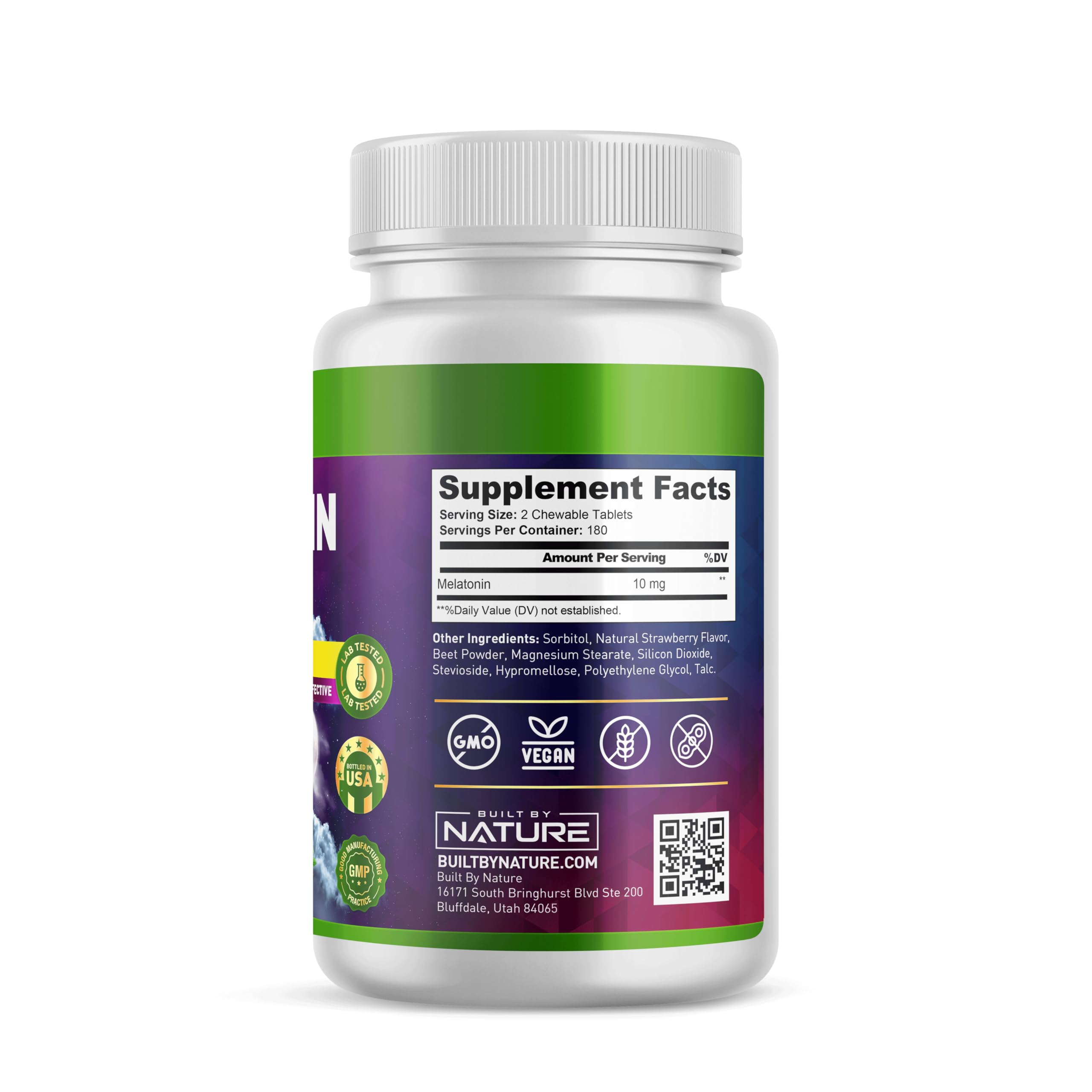 Built by Nature Melatonin 10mg Chewable Tablets back view