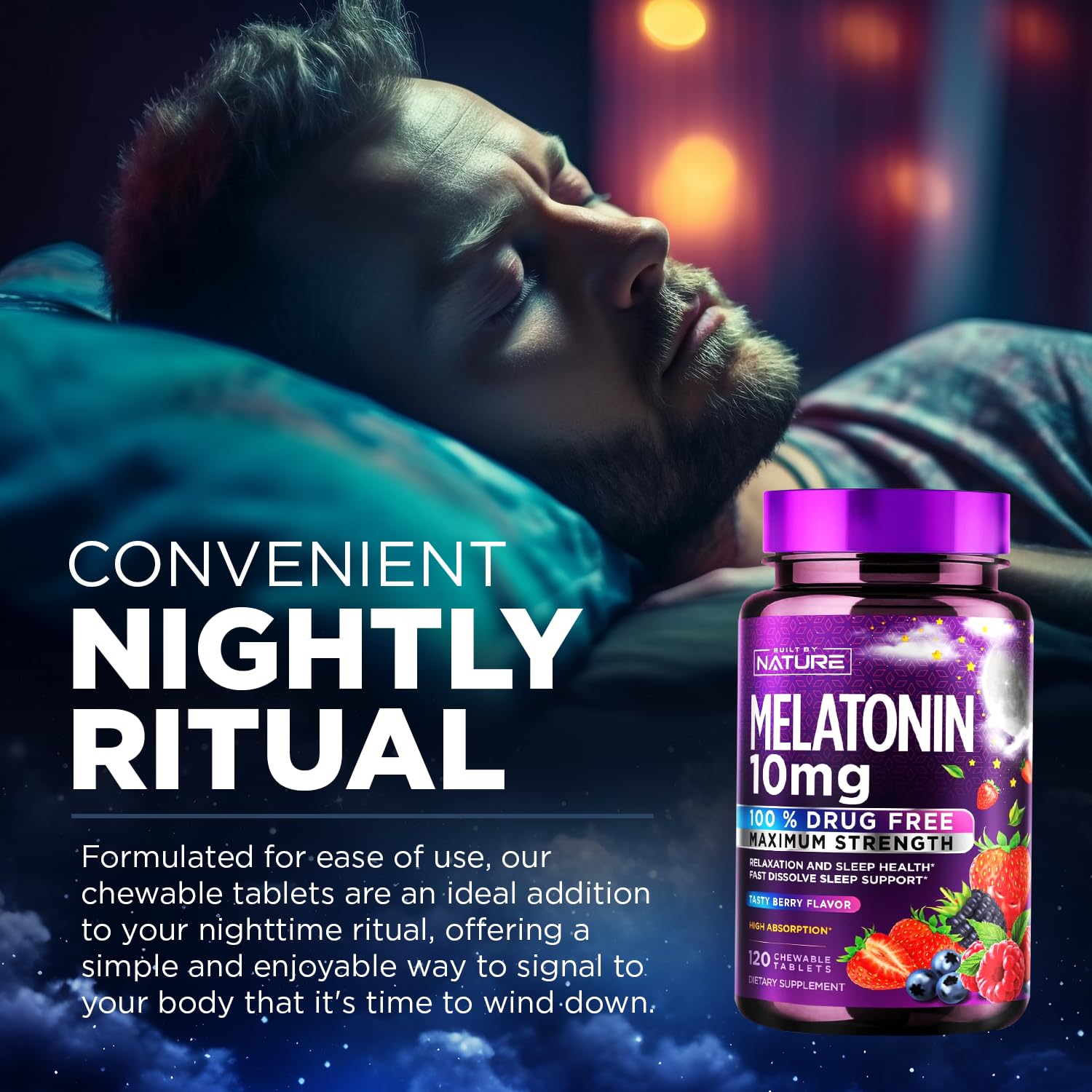 Built by Nature Melatonin Chewables displayed with bedtime items