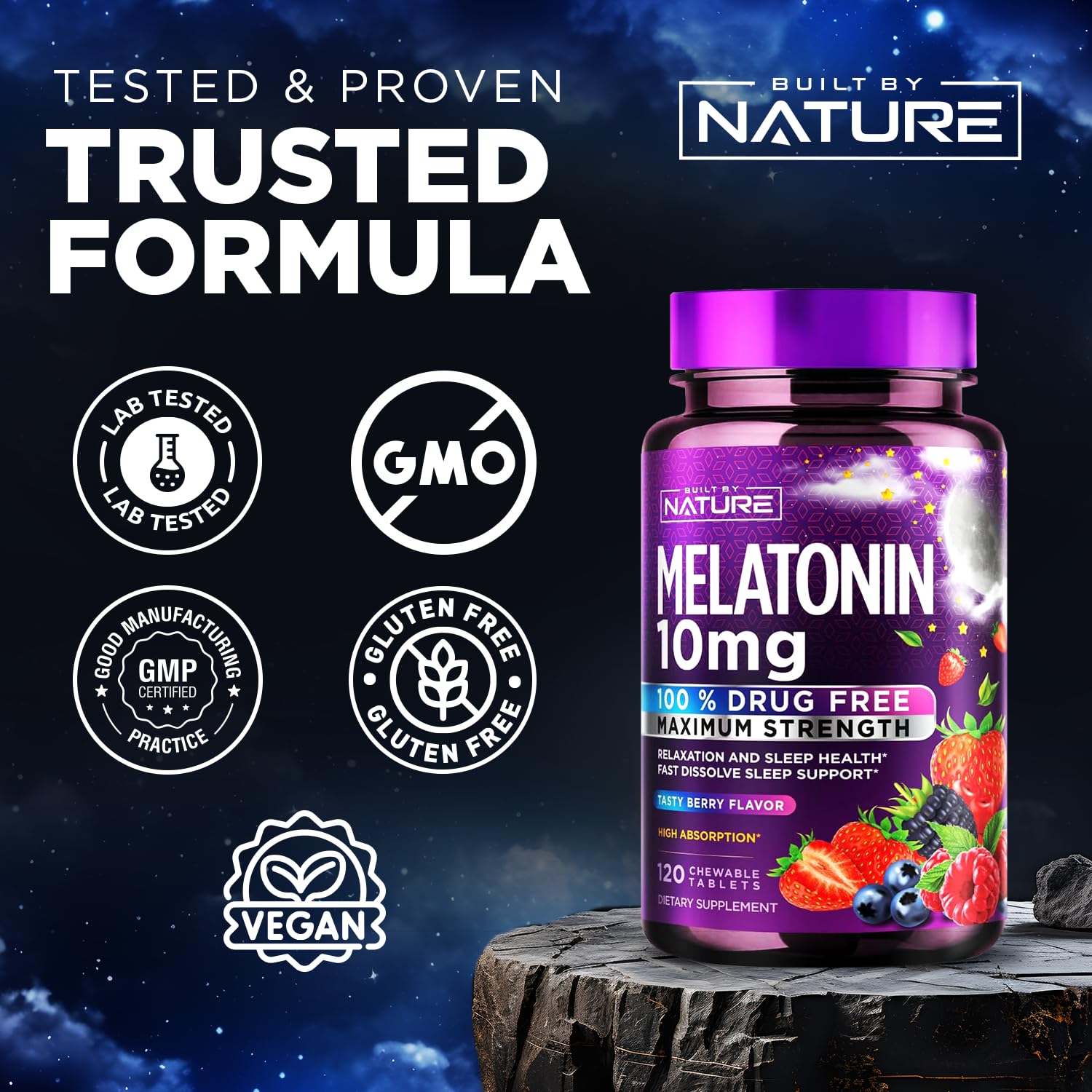 Built by Nature Melatonin Chewables on a wooden table