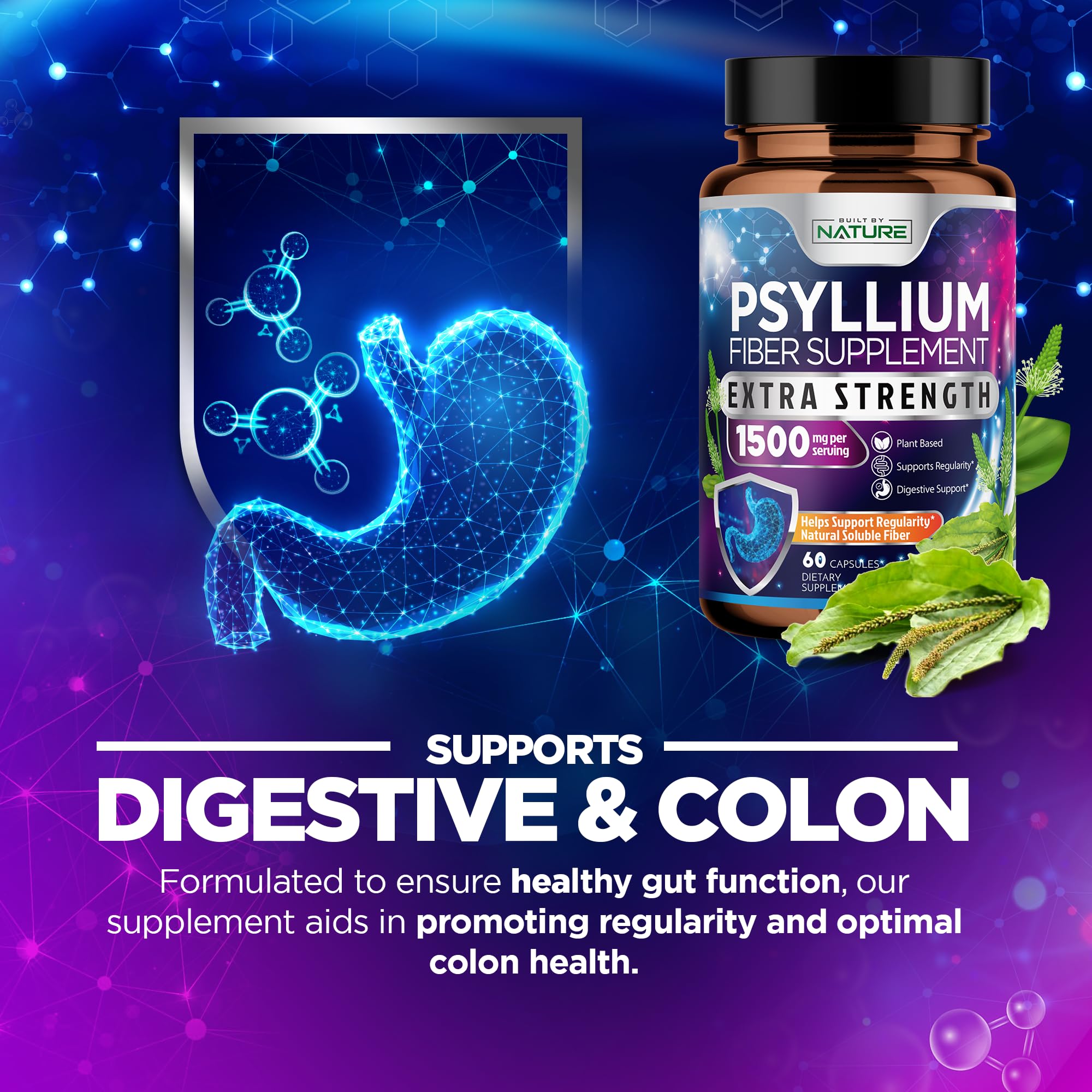Built by Nature Psyllium Husk Capsules 2000mg bottle with label