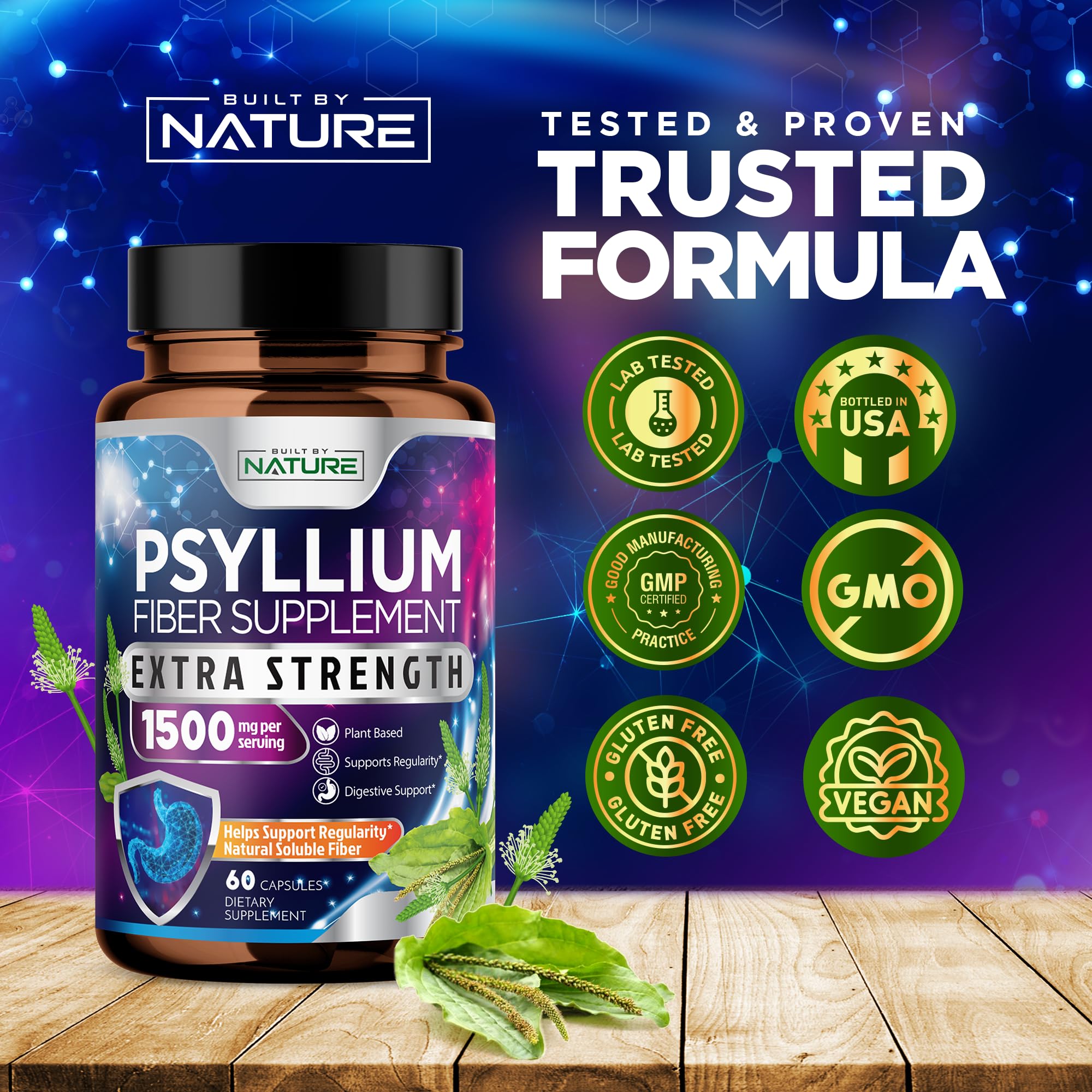 Built by Nature Psyllium Husk Capsules 2000mg capsules on a surface