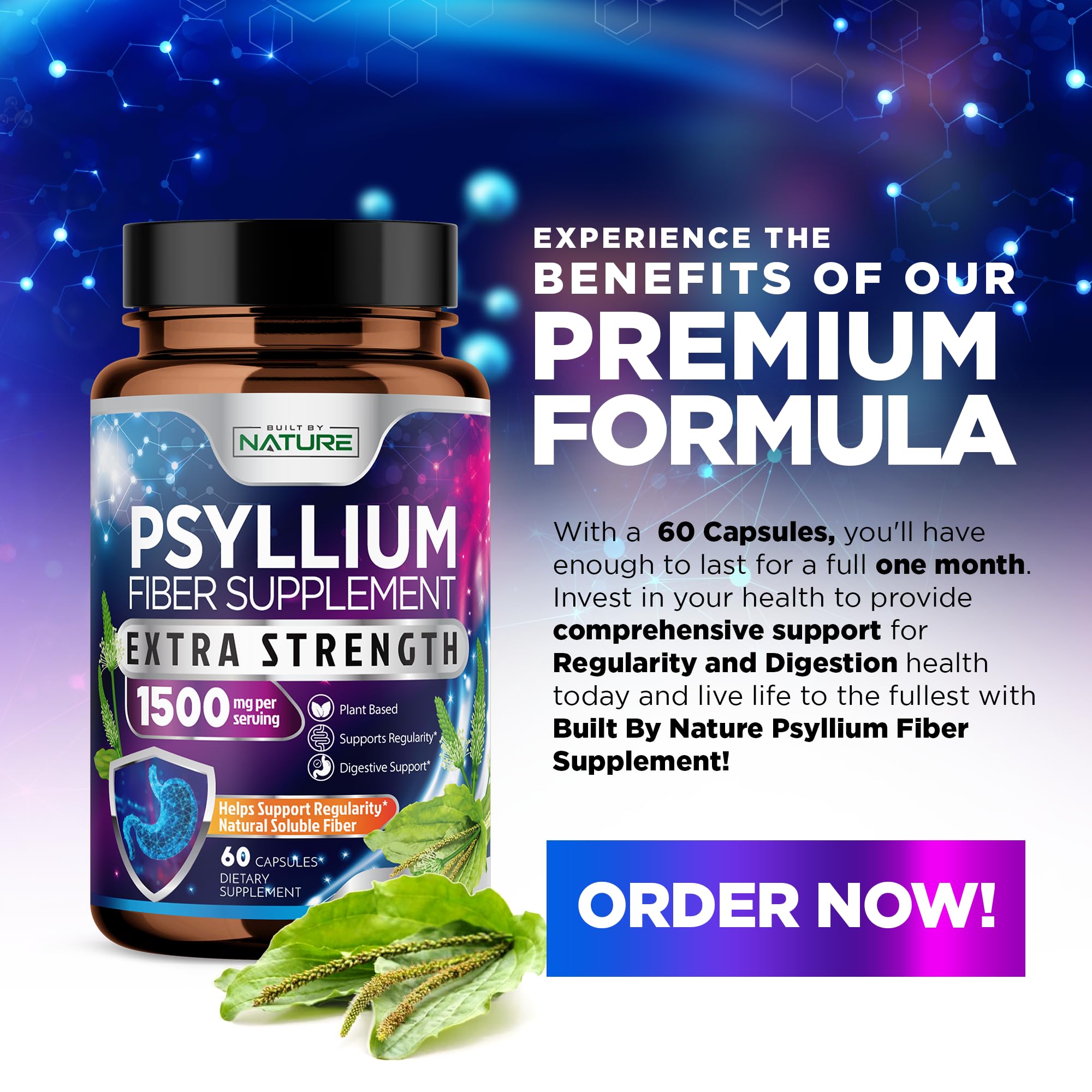 Built by Nature Psyllium Husk Capsules 2000mg with measuring spoon