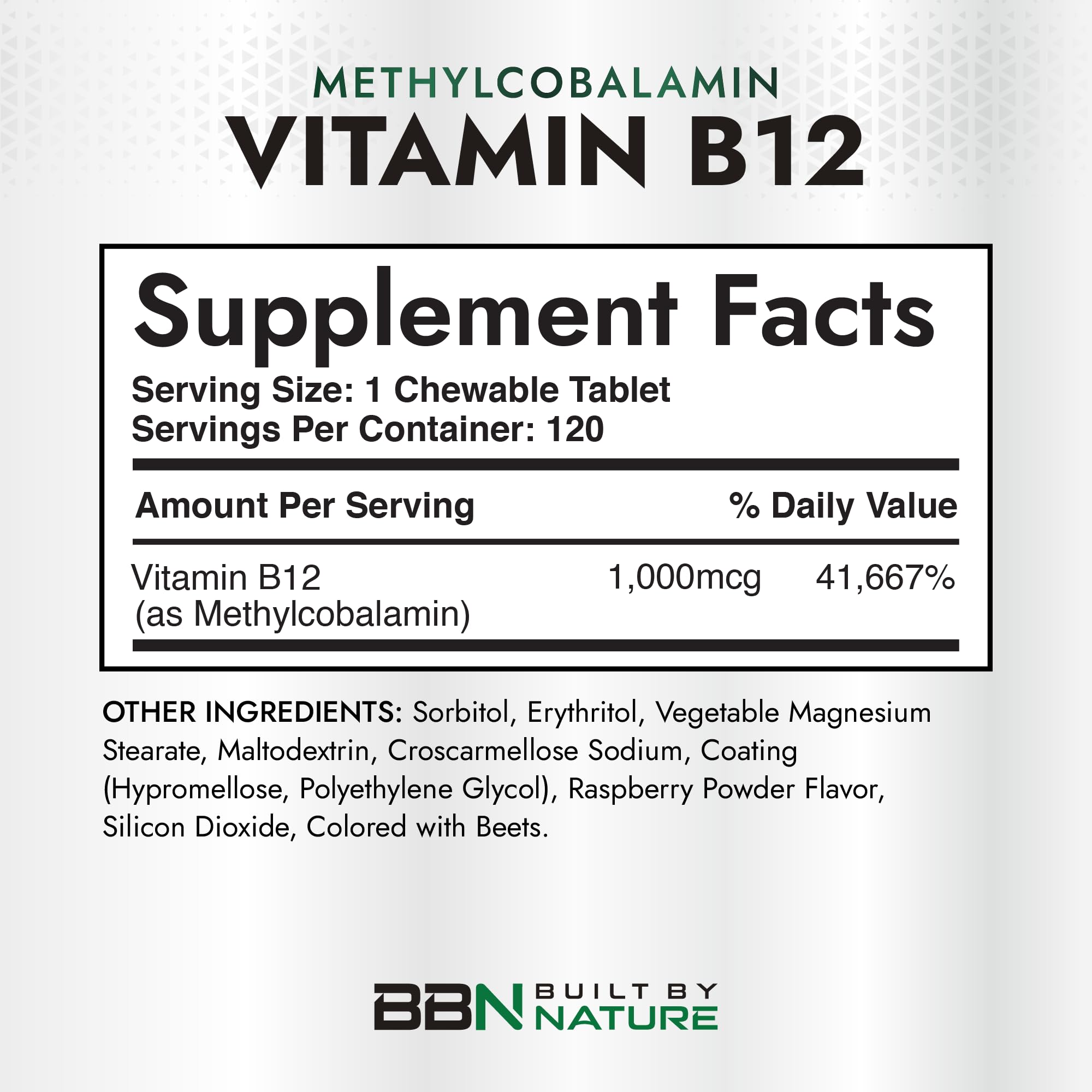Built by Nature Vitamin B12 Methylcobalamin chewable tablets packaging