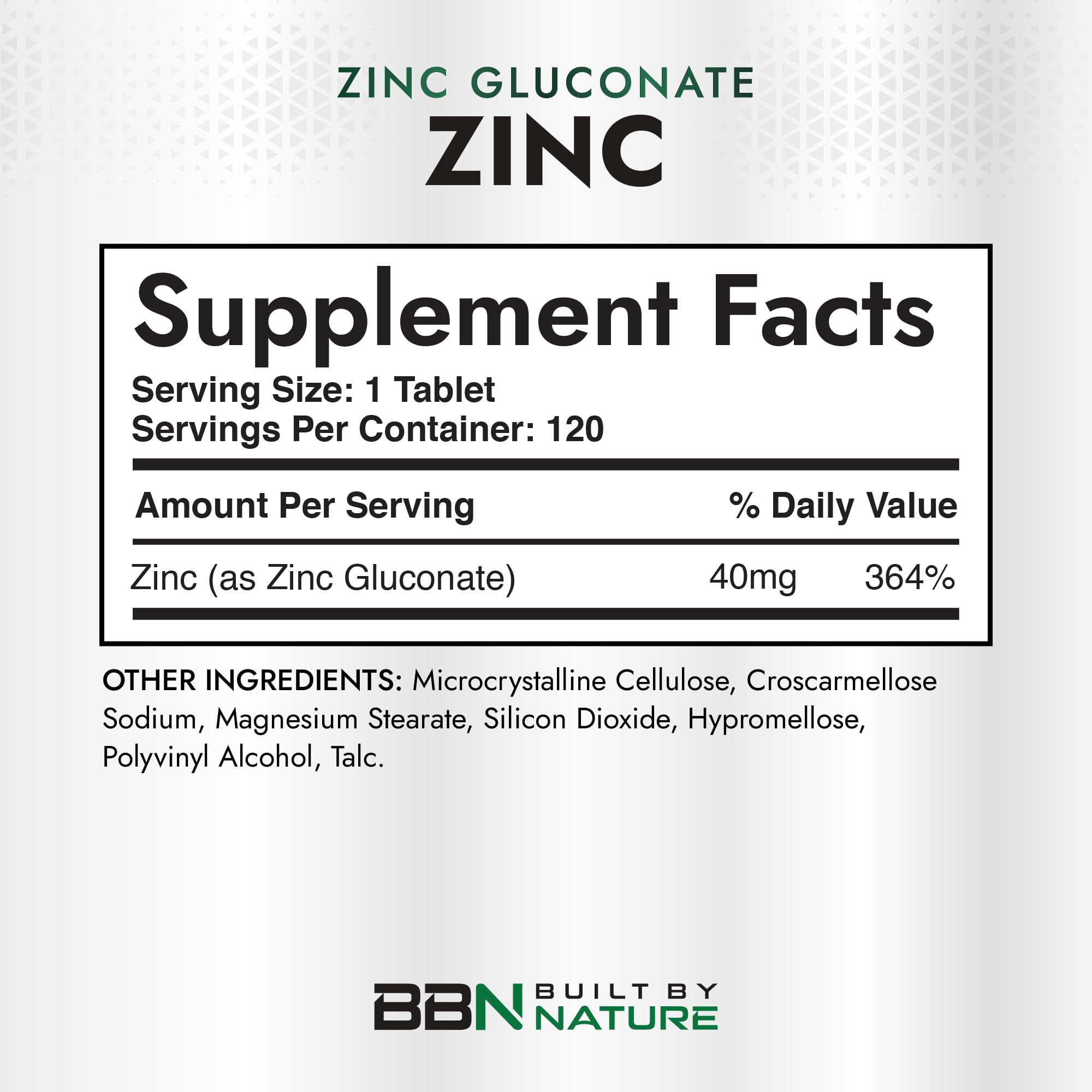 Built by Nature Zinc 40 mg supplement side view with label