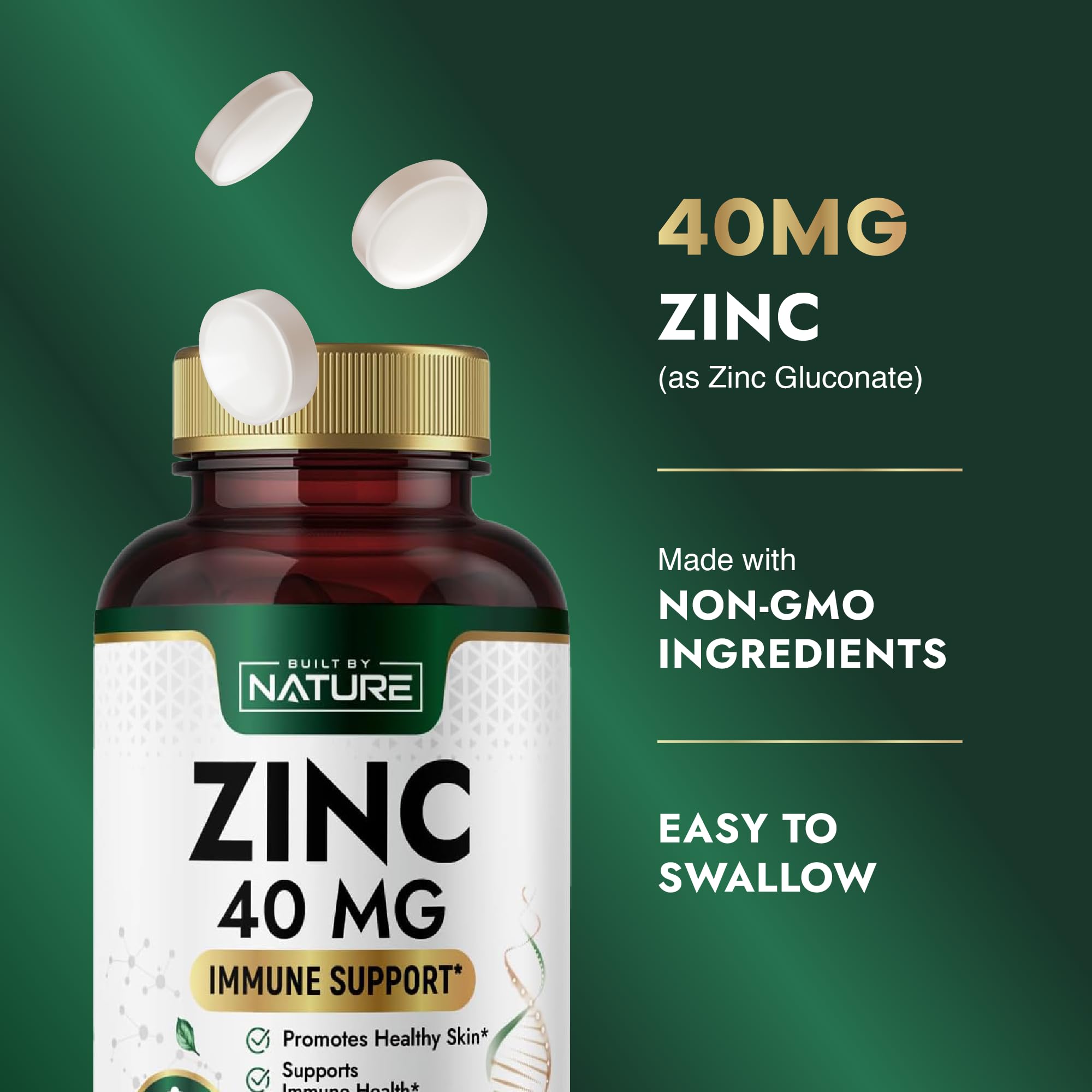 Built by Nature Zinc 40 mg supplement tablets in a hand