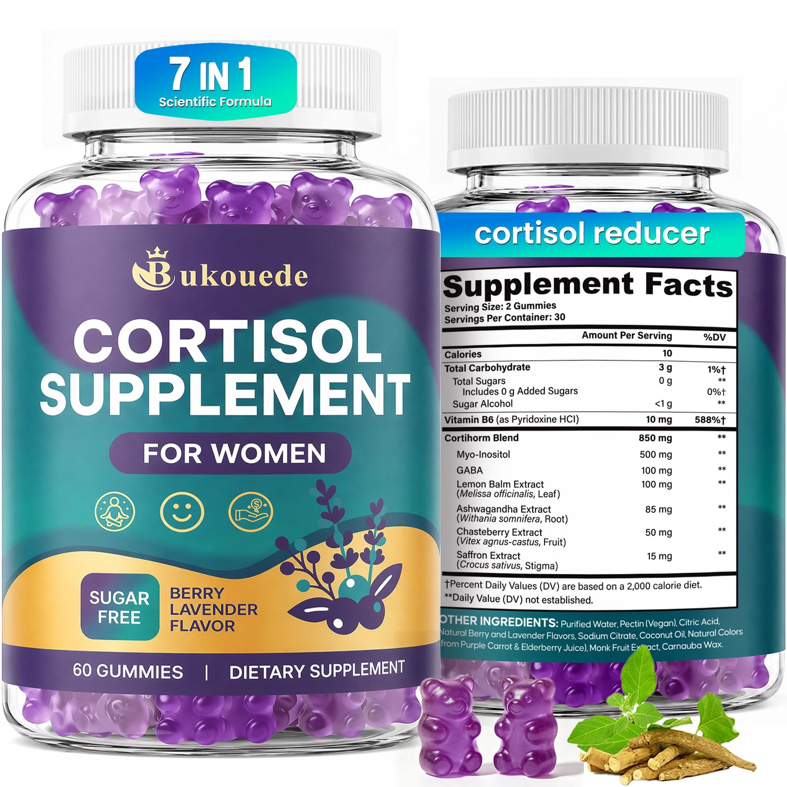 Bukouede Cortisol Supplements for Women, 60 gummies pack front view