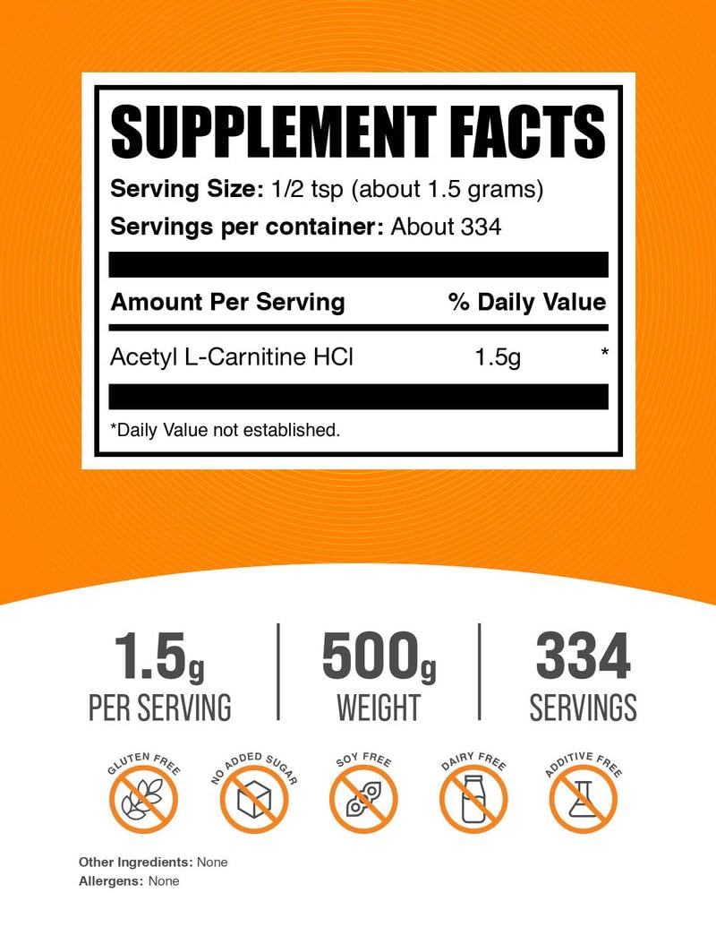 BulkSupplements Acetyl L-Carnitine 1.5g Powder 500g packaging