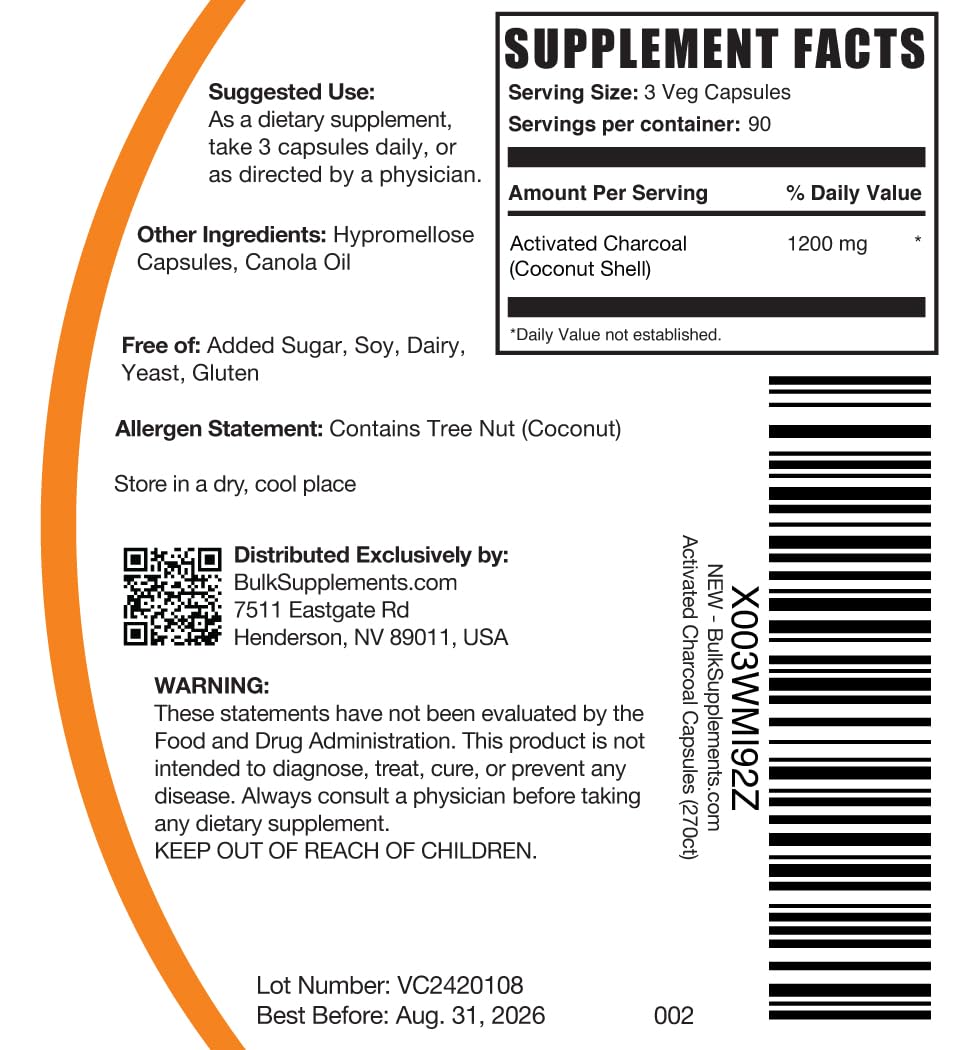 BulkSupplements Activated Charcoal Capsules with measuring spoon