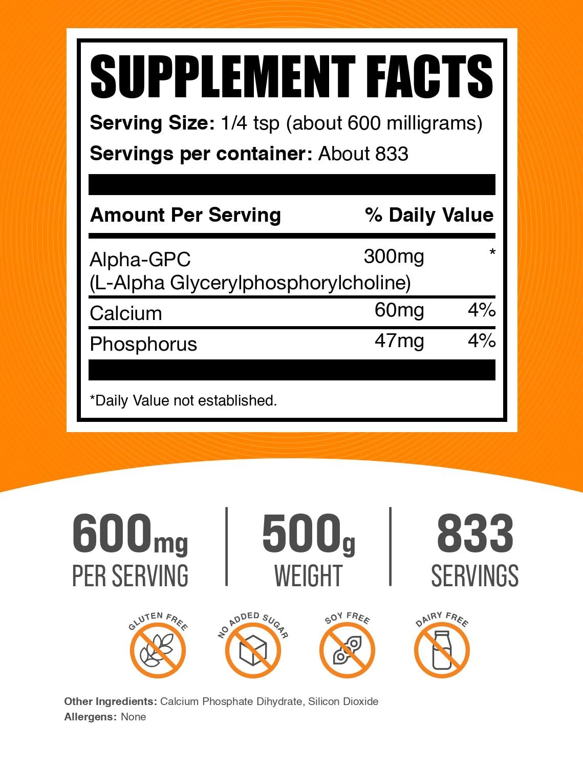 BulkSupplements Alpha GPC Powder 300mg side view showing nutritional information
