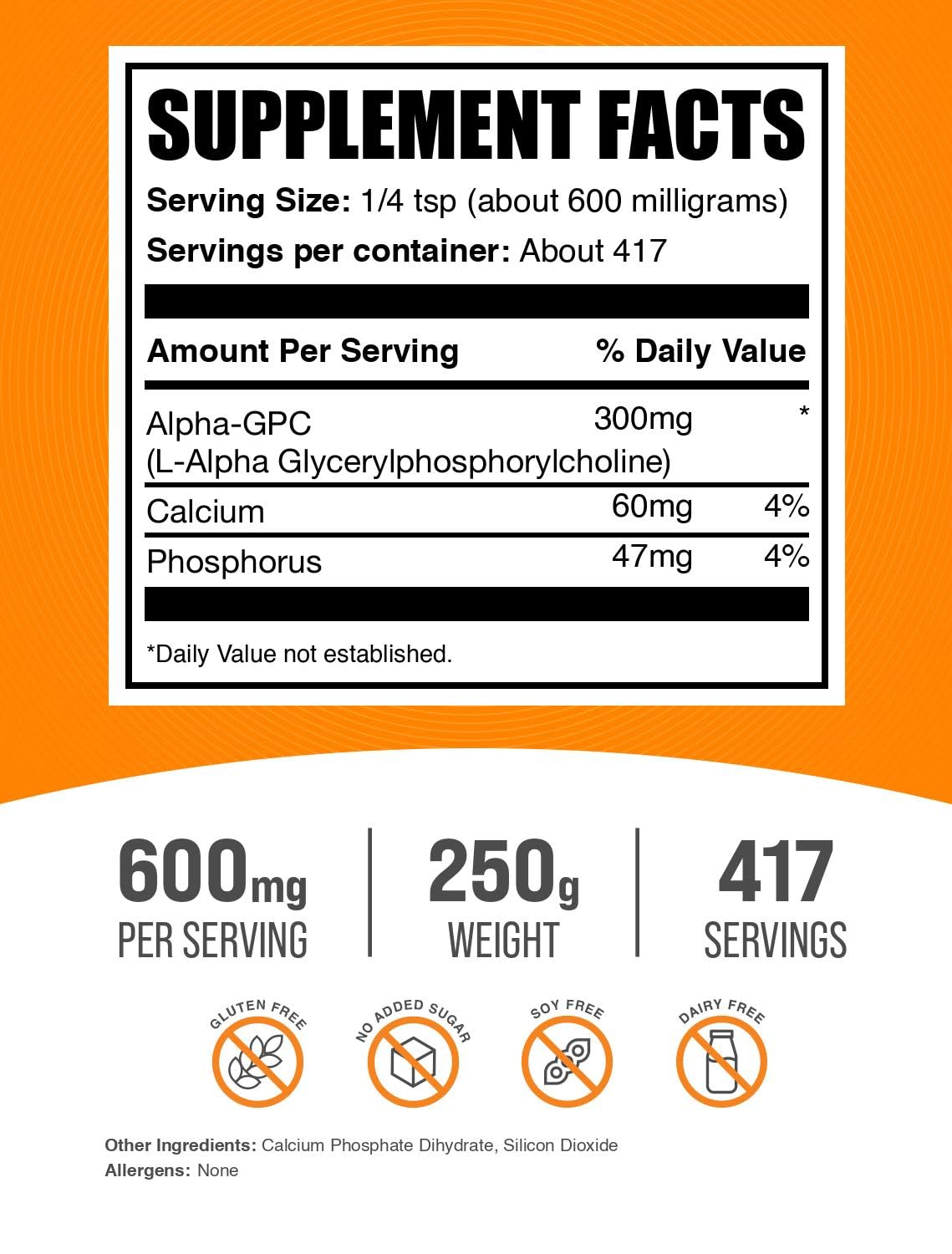 BulkSupplements Alpha GPC Powder 300mg side view with nutritional information