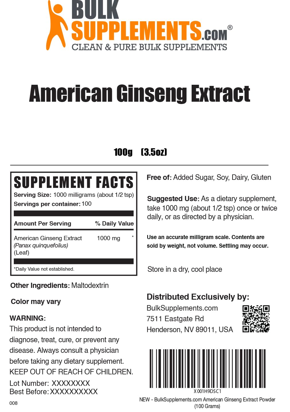 BulkSupplements American Ginseng Extract Powder 100g packaging details