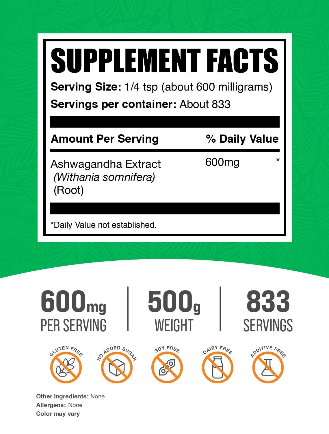 BulkSupplements Ashwagandha Extract 600mg back view packaging