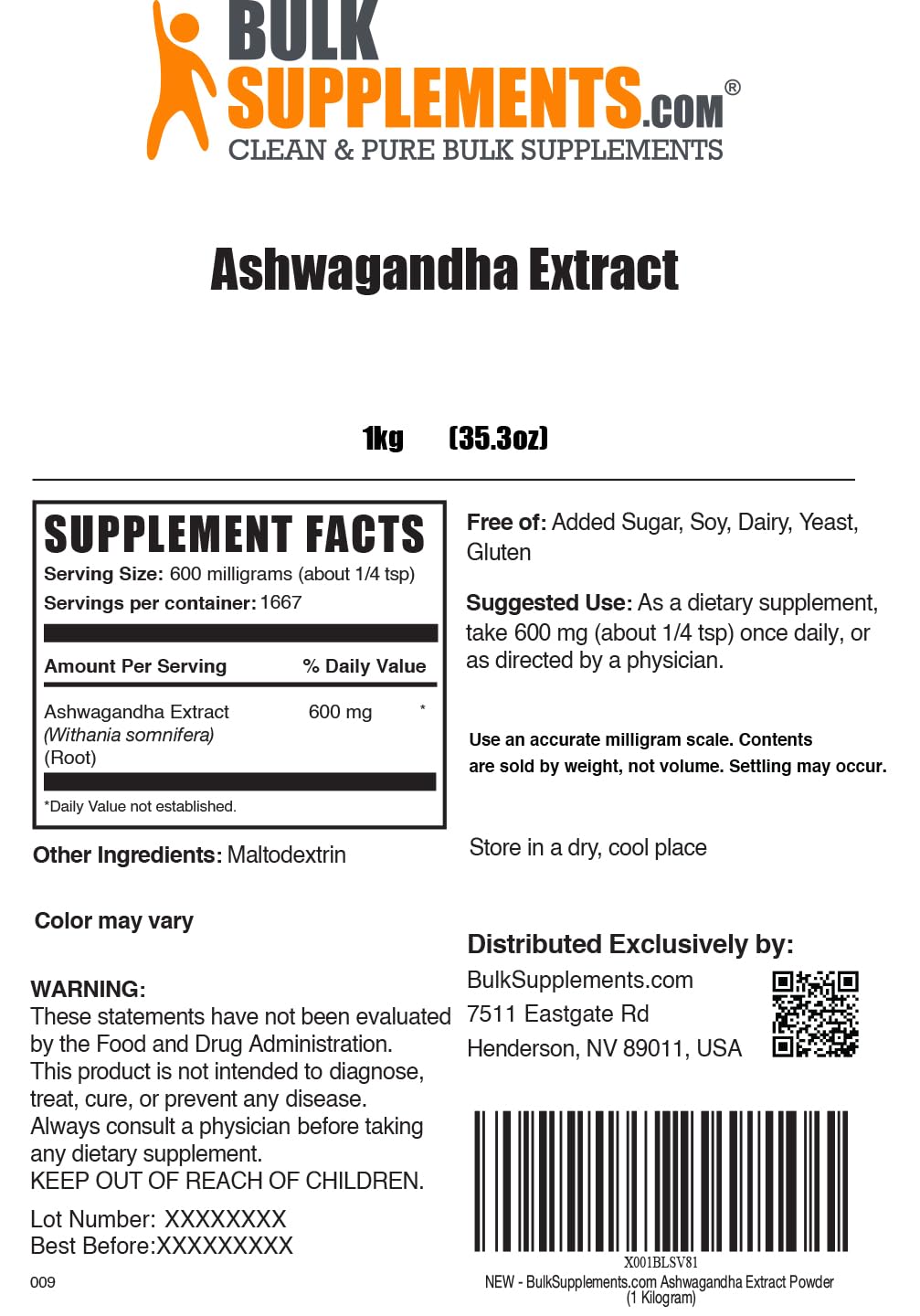 BulkSupplements Ashwagandha Extract 600mg capsule with measuring scoop