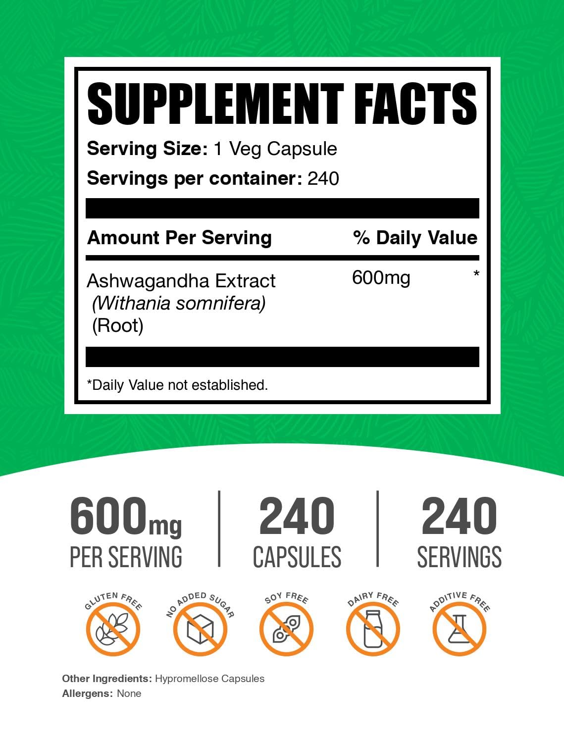 BulkSupplements Ashwagandha Extract Capsules 600mg side view