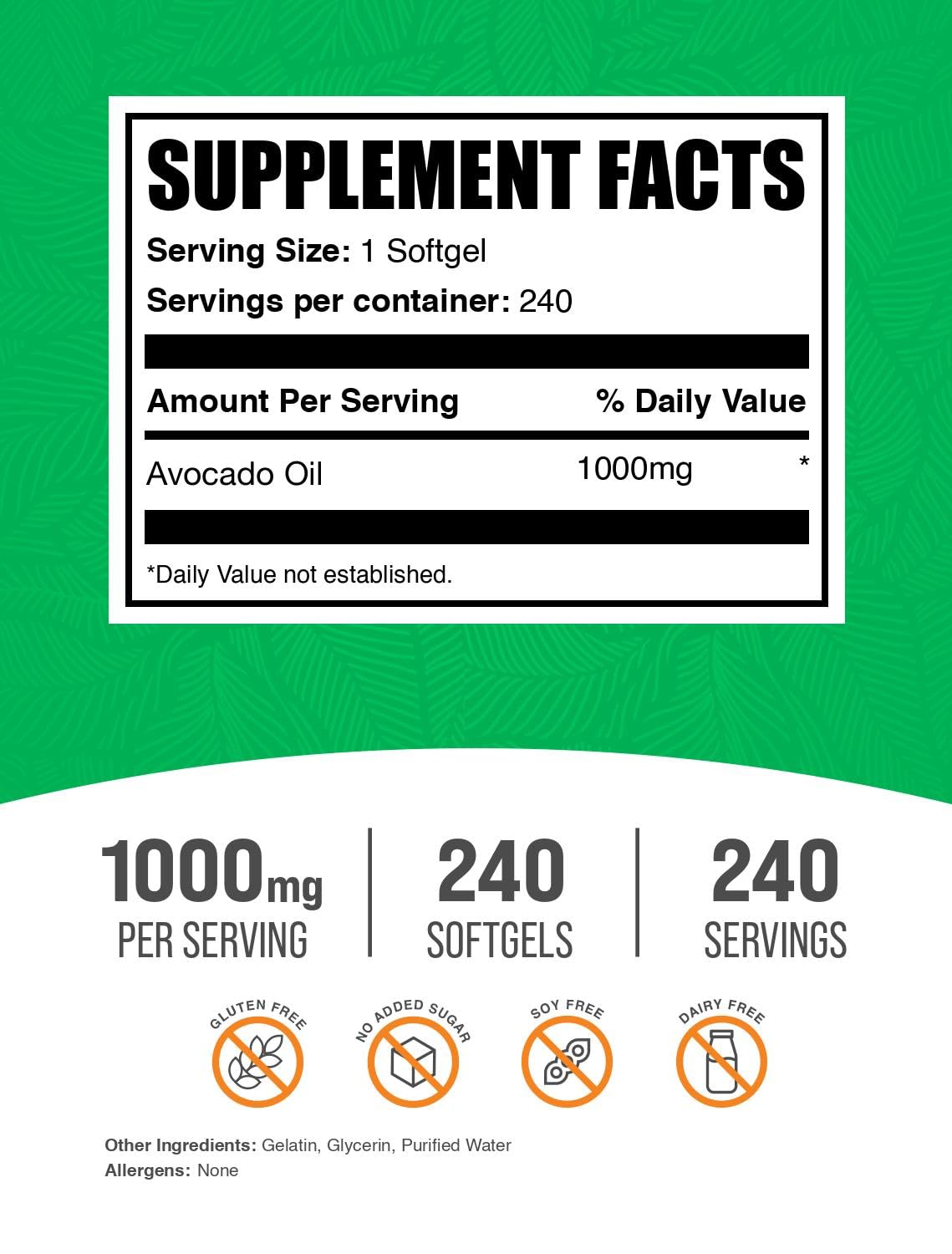 BulkSupplements Avocado Oil Softgels 1000mg bottle side view