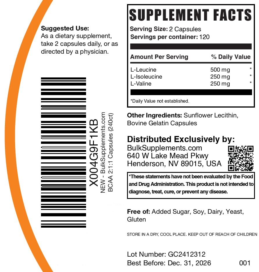 BulkSupplements BCAA 2:1:1 Capsules displayed with fitness gear