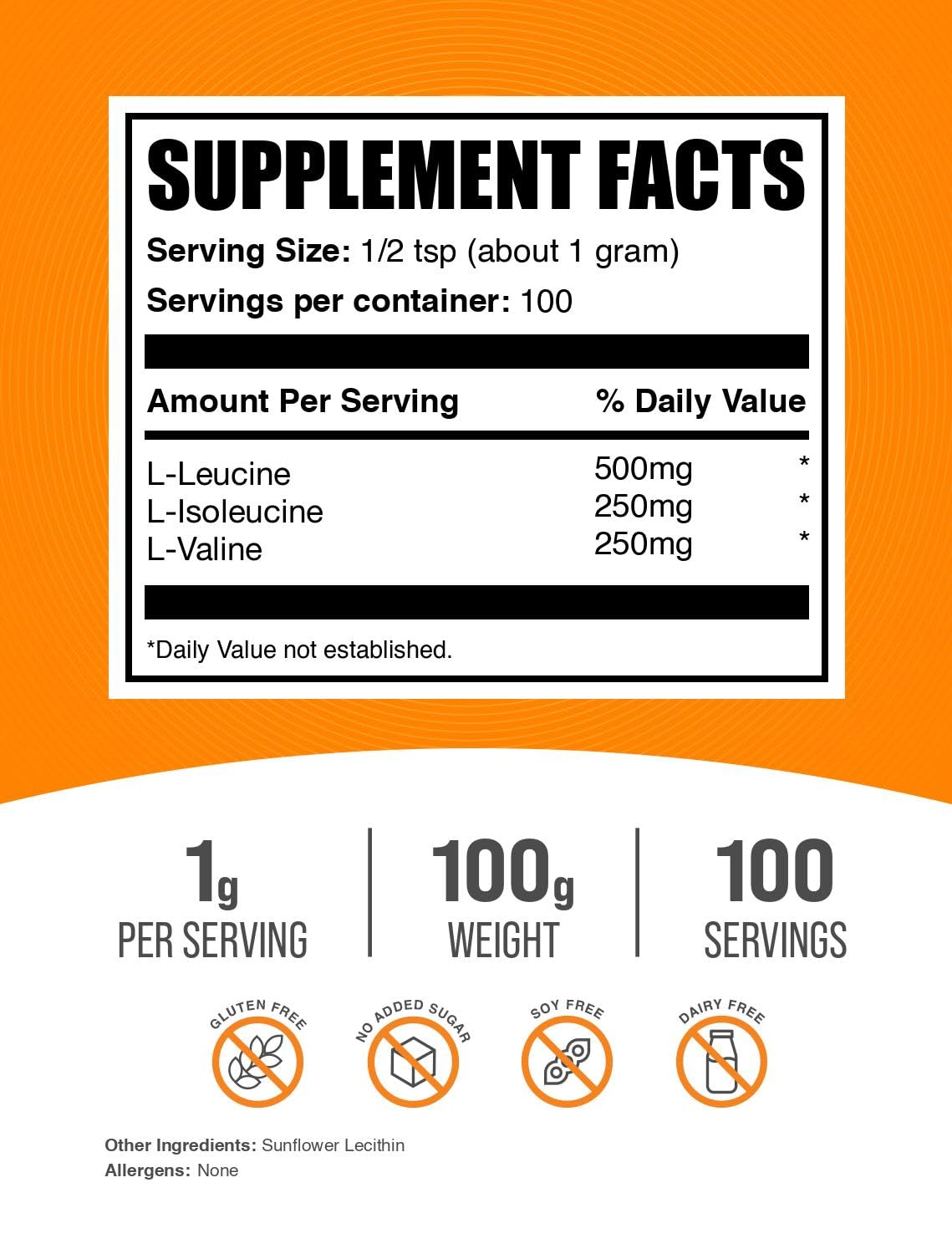BulkSupplements BCAA Powder 100g side view showing nutritional information