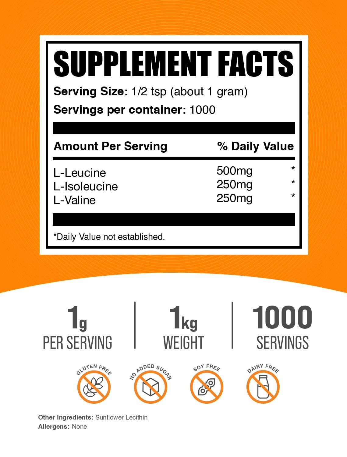 BulkSupplements BCAA Powder 998g back view with nutritional information