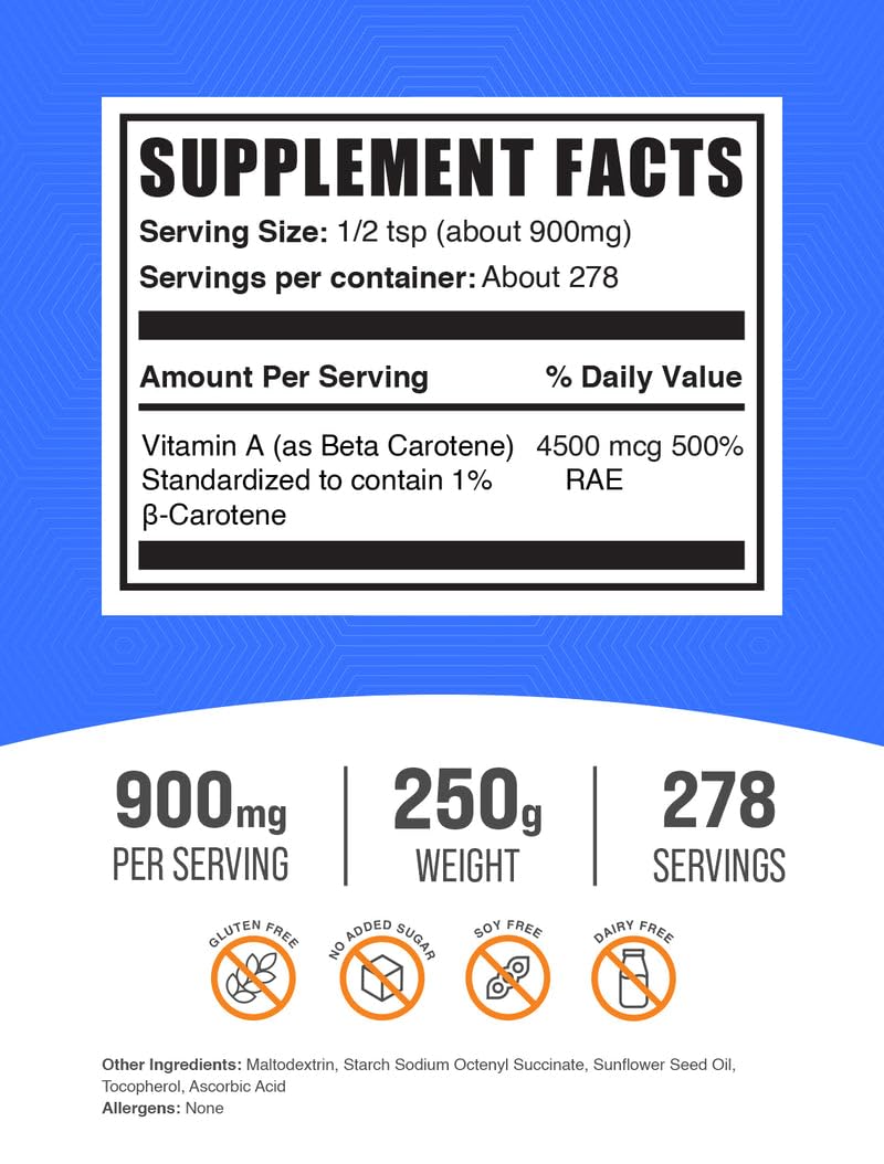 BulkSupplements Beta Carotene Powder side view with nutritional information