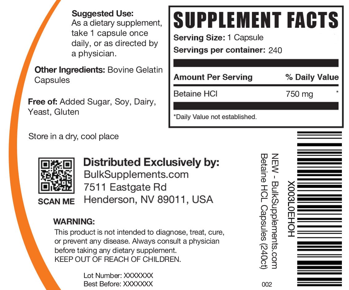 BulkSupplements Betaine HCl Capsules 750mg back view