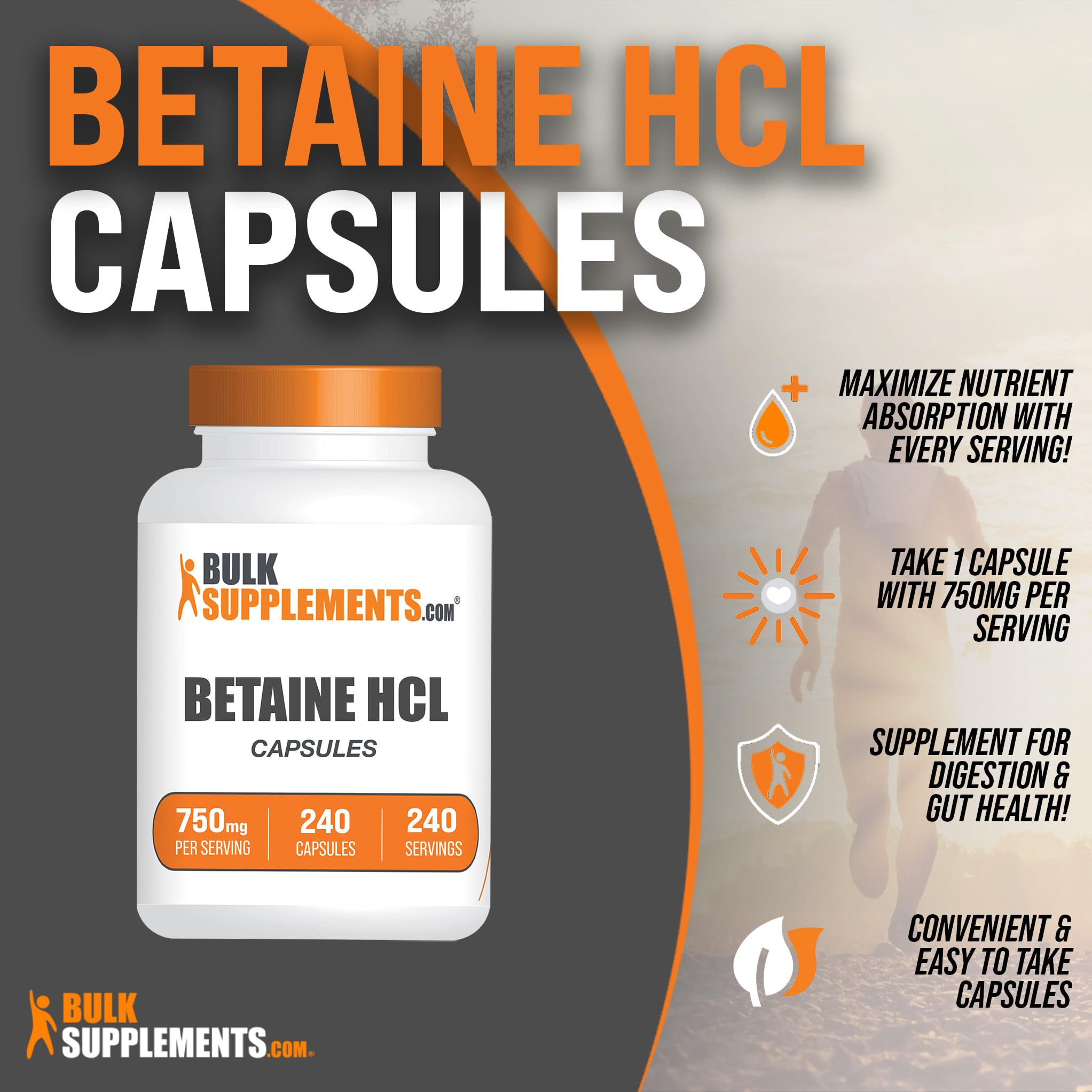 BulkSupplements Betaine HCl Capsules 750mg side view