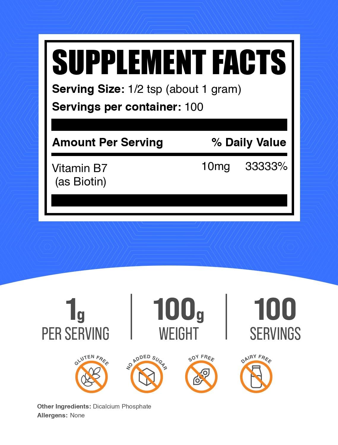 BulkSupplements Biotin Powder 10000mcg side view with nutritional information