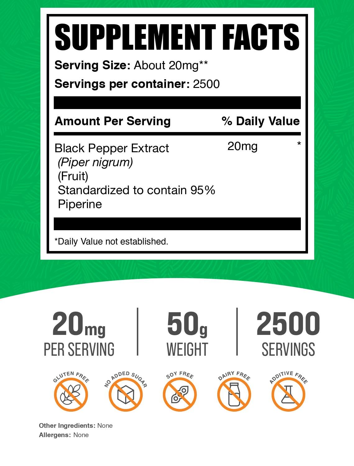 BulkSupplements Black Pepper Extract Powder side view with nutritional information