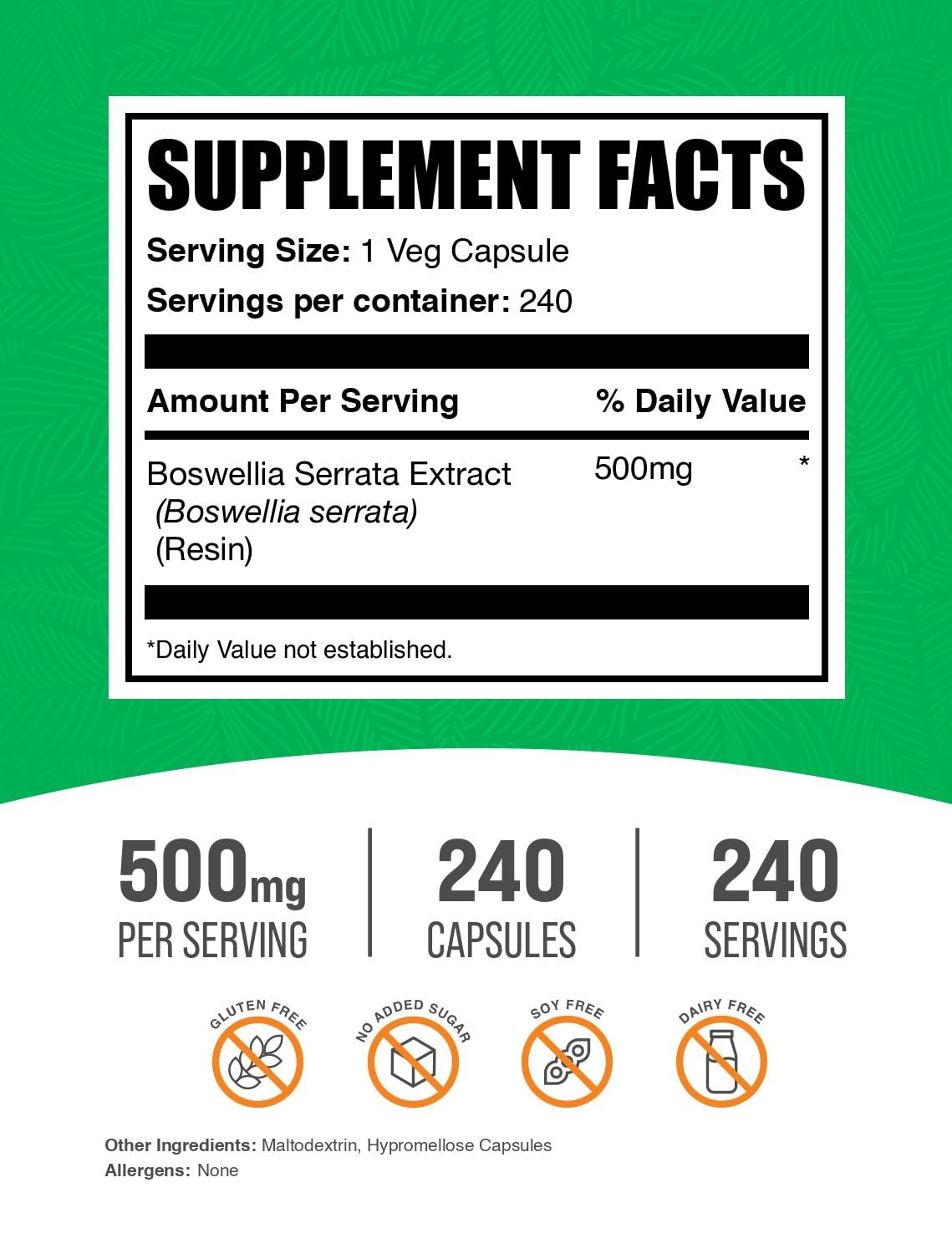 BulkSupplements Boswellia Serrata Extract Capsules 500mg back view