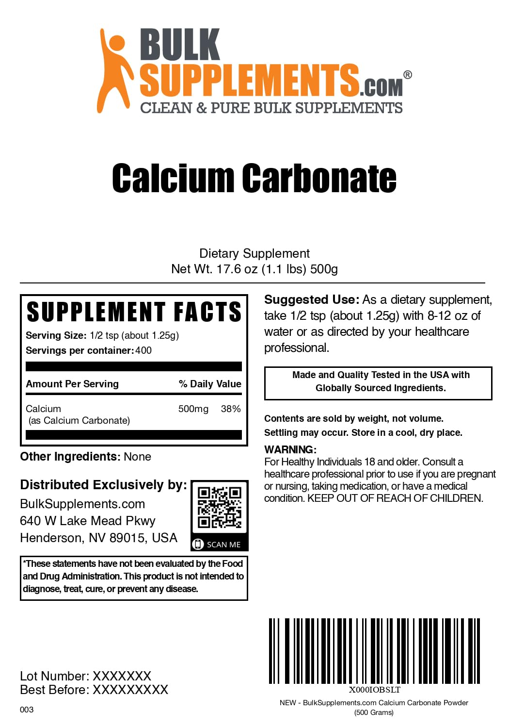 BulkSupplements Calcium Carbonate Powder nutritional information
