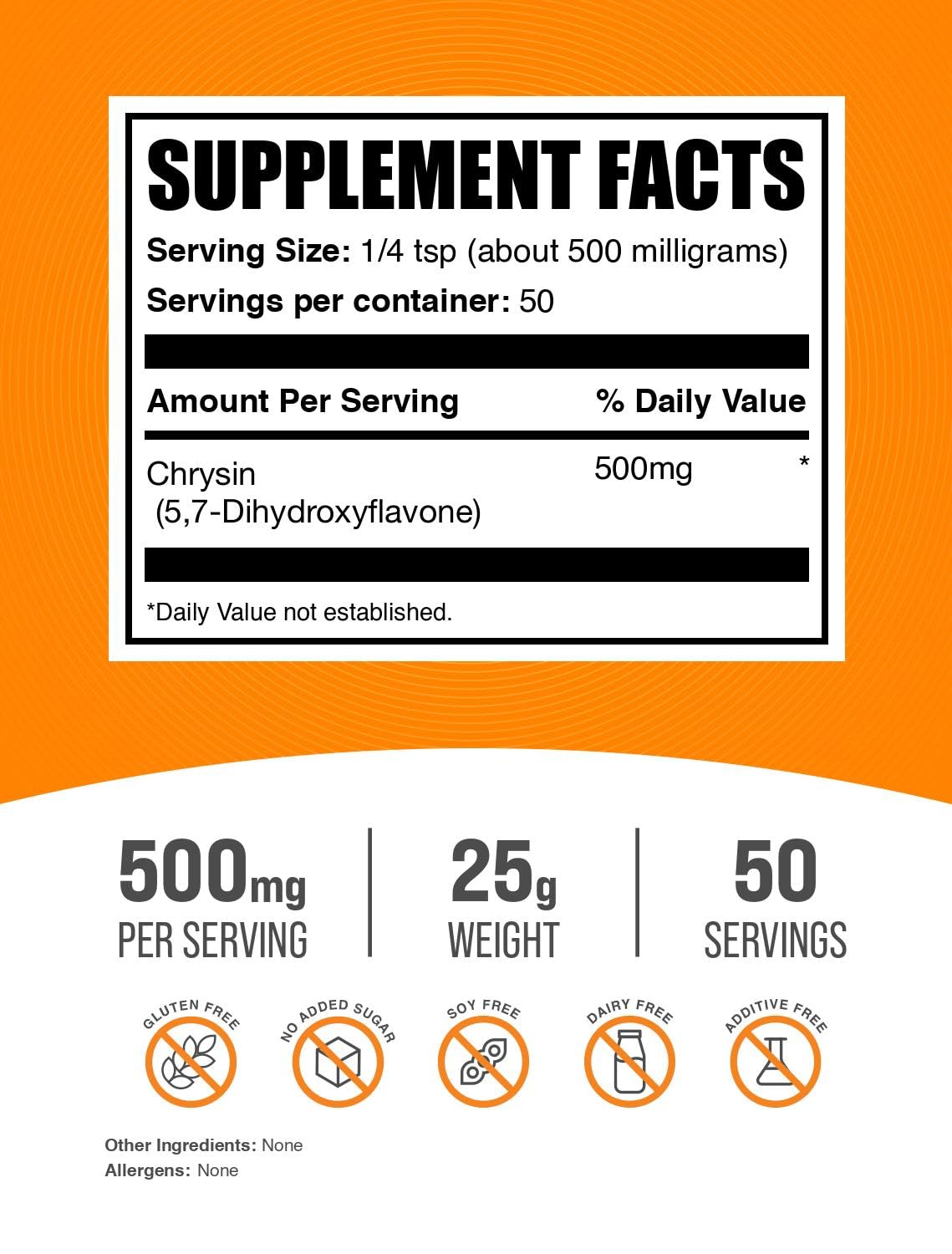 BulkSupplements Chrysin Powder 500mg side view with dosage information