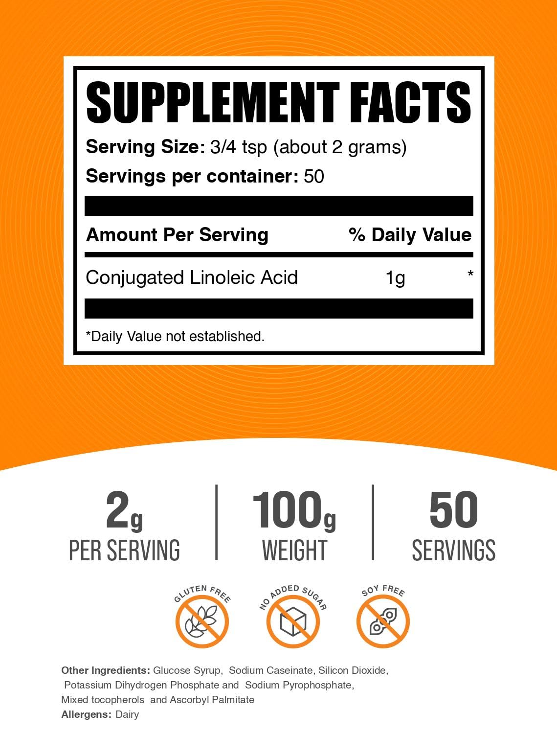 BulkSupplements CLA Powder 100g side view with nutritional information
