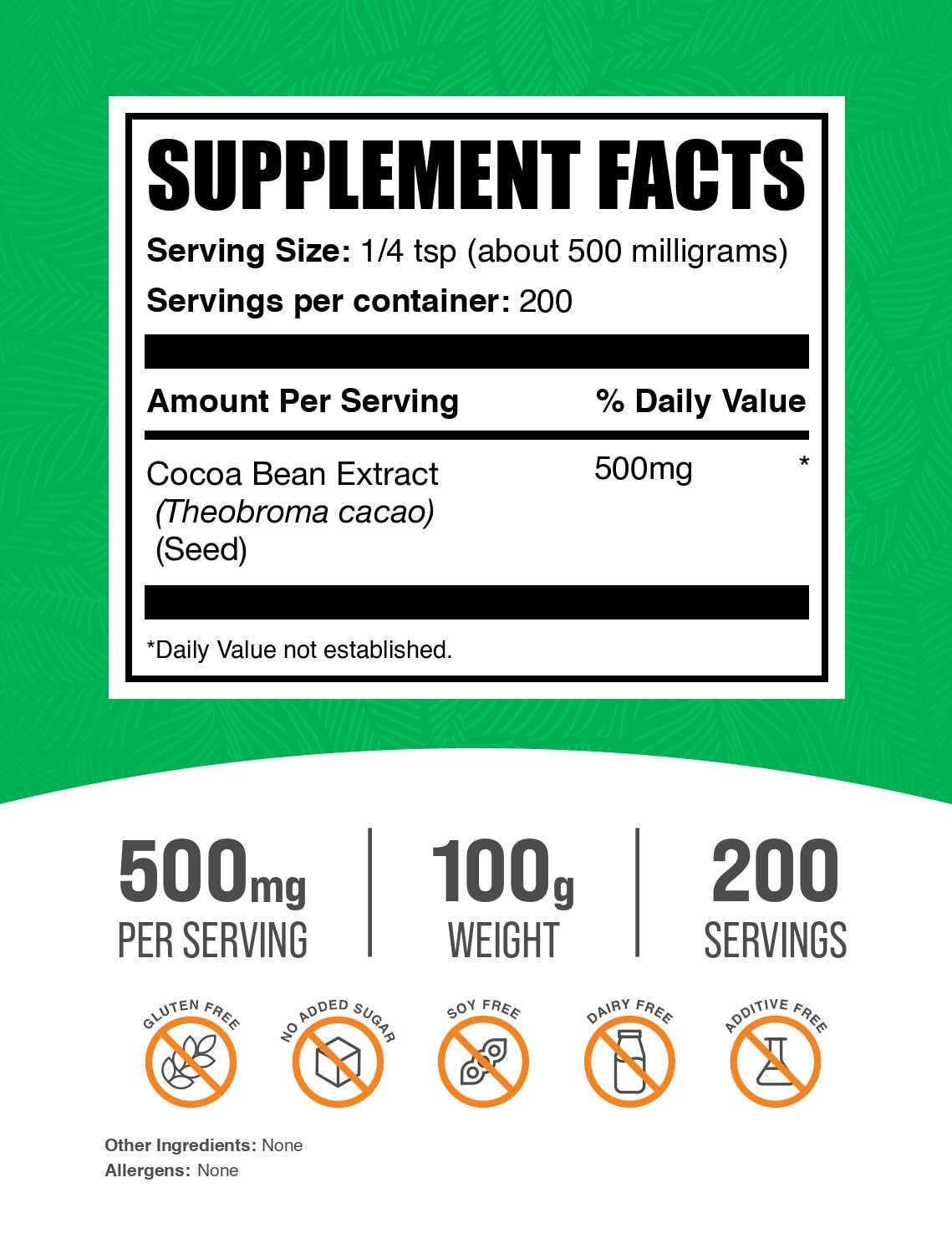 BulkSupplements Cocoa Bean Extract Powder back view showing nutritional information
