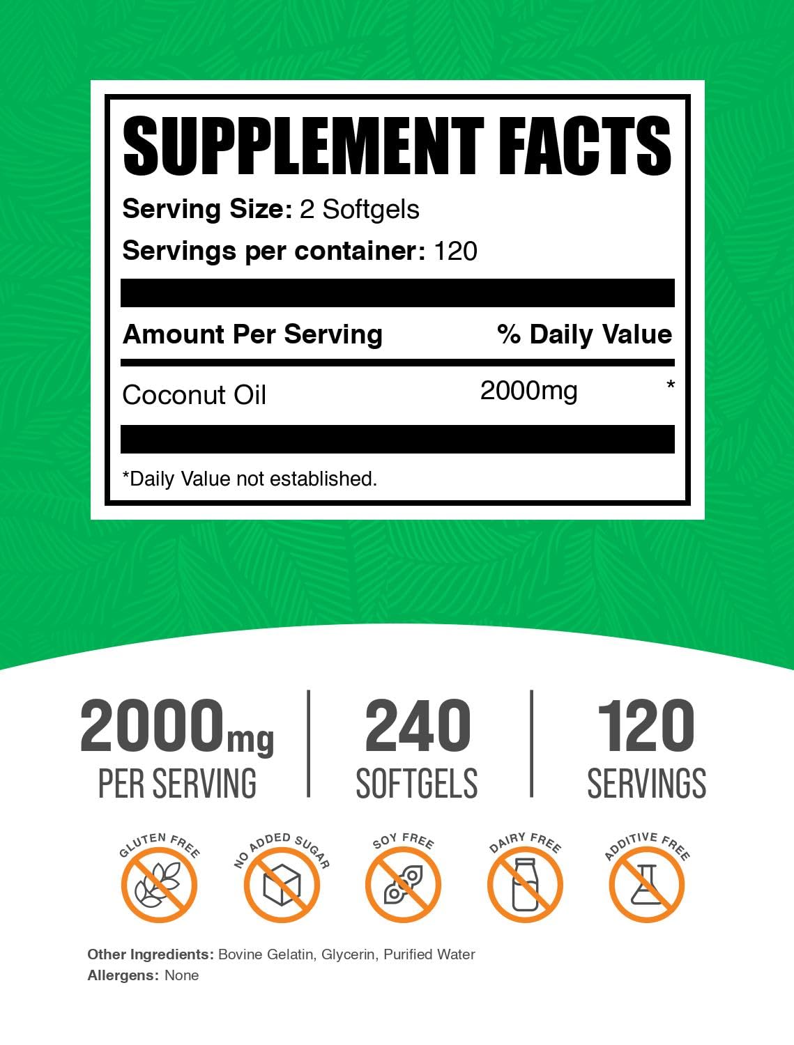 BulkSupplements Coconut Oil Softgels 2000mg side view