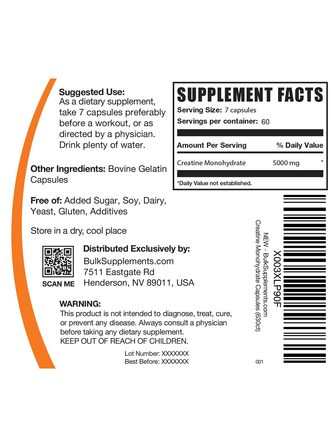 BulkSupplements Creatine Monohydrate Capsules nutritional information
