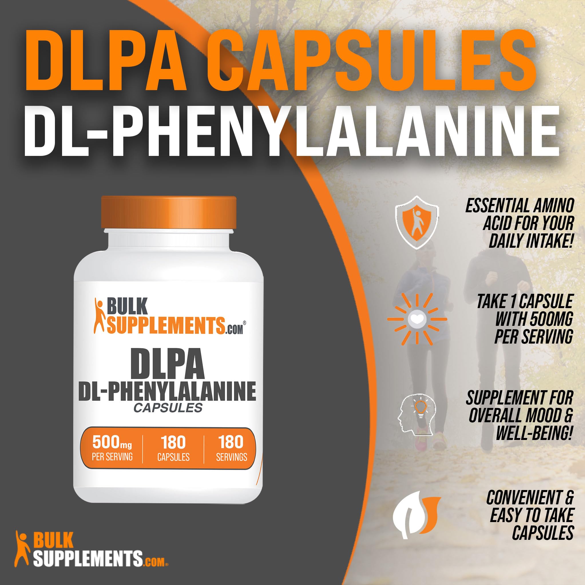 BulkSupplements DL-Phenylalanine 500mg capsules side view
