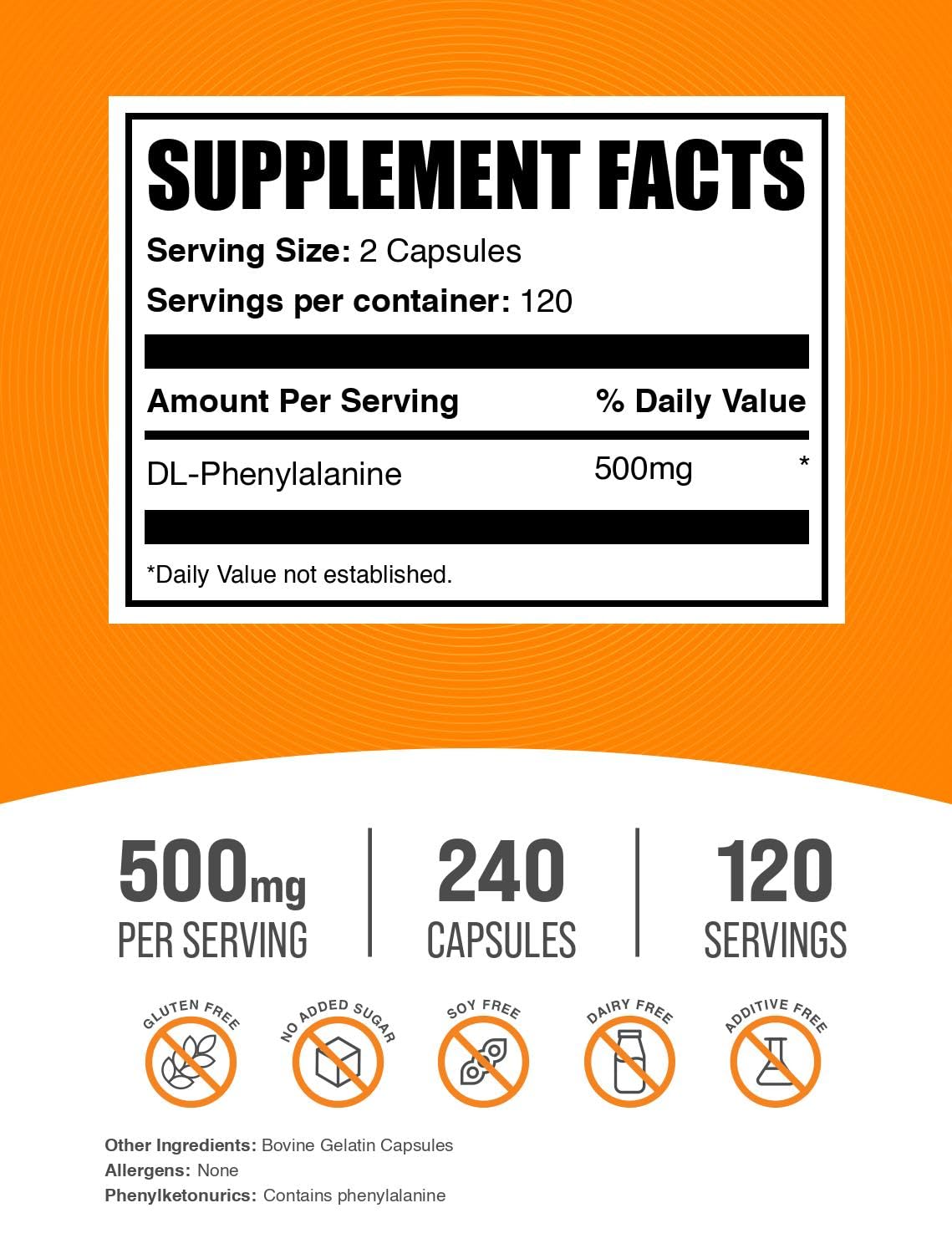 BulkSupplements DL-Phenylalanine Capsules 500mg side view