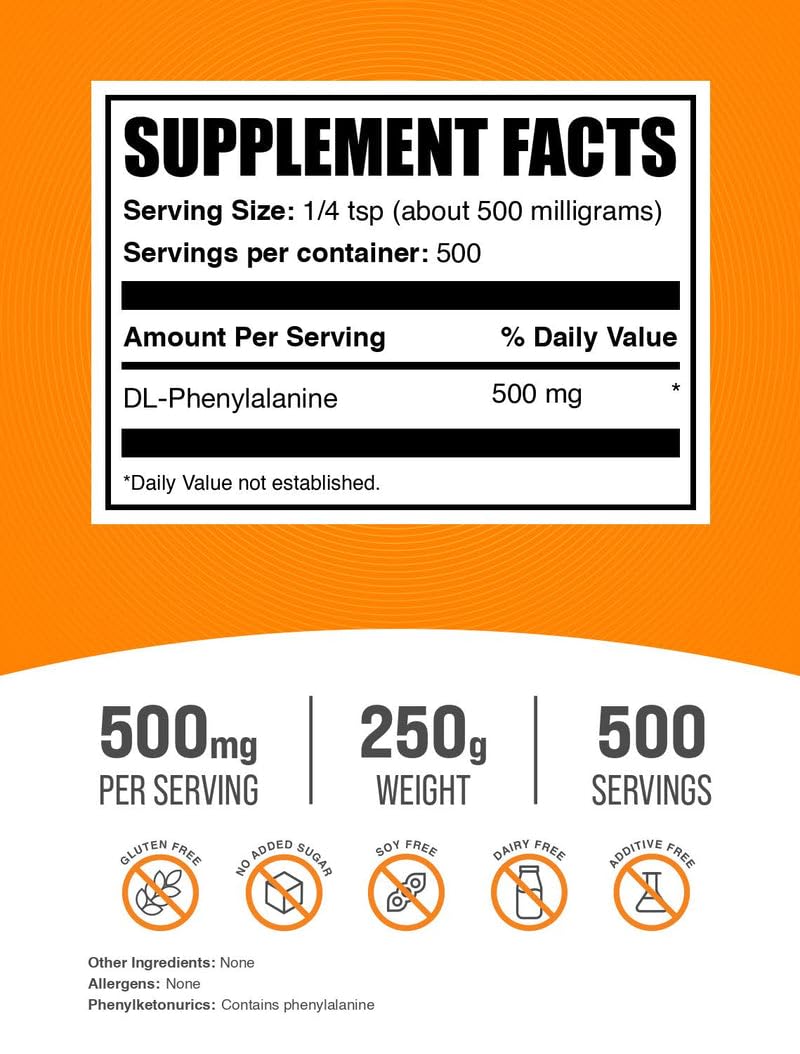 BulkSupplements DL-Phenylalanine Powder side view showing packaging