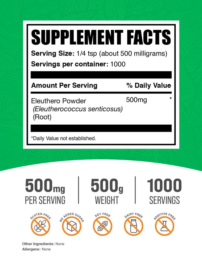 BulkSupplements Eleuthero Powder 500g back view with nutritional information