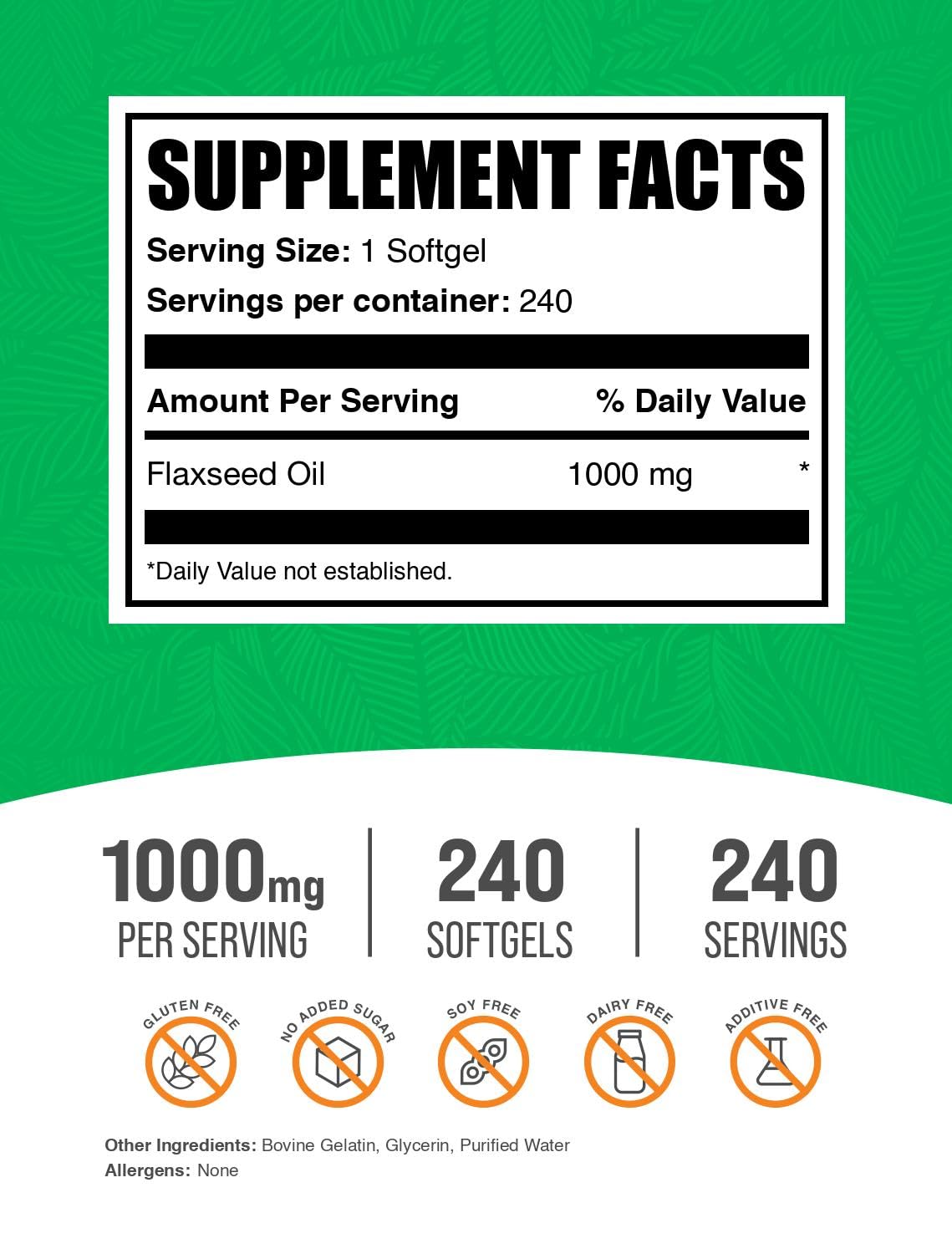 BulkSupplements Flaxseed Oil 1000mg Softgels side view