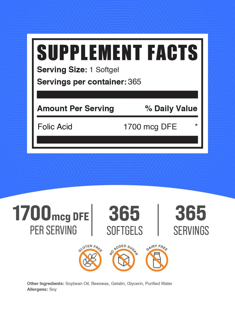 BulkSupplements Folic Acid Softgels 1000 mcg side view