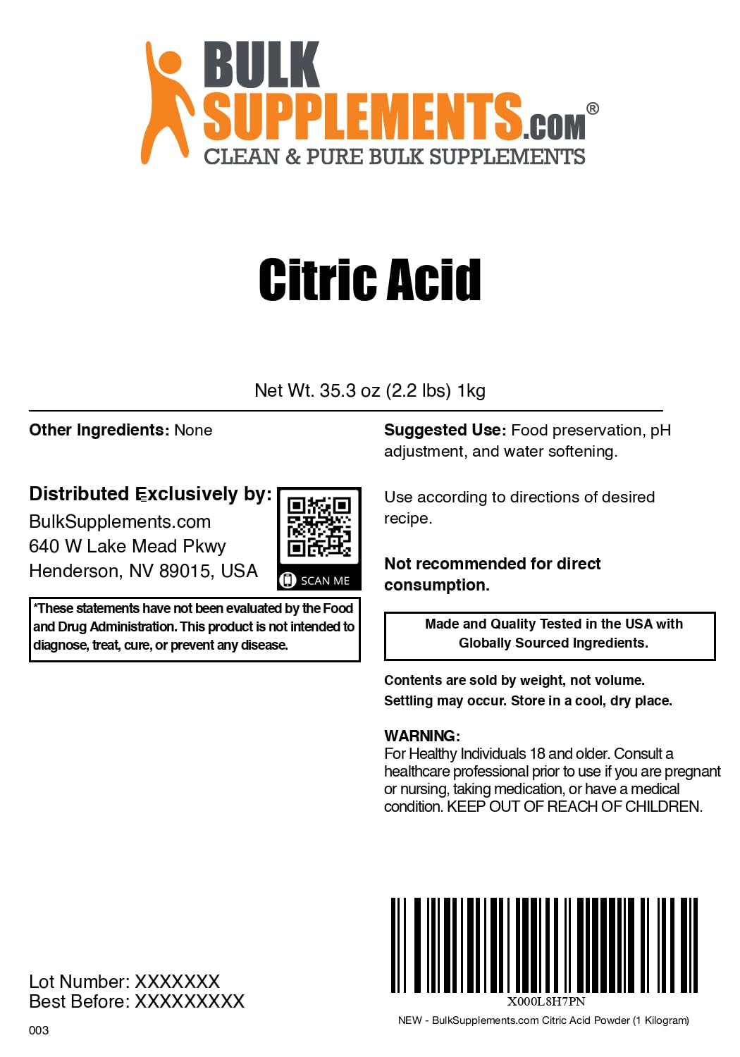 BulkSupplements Food Grade Citric Acid Powder packaging