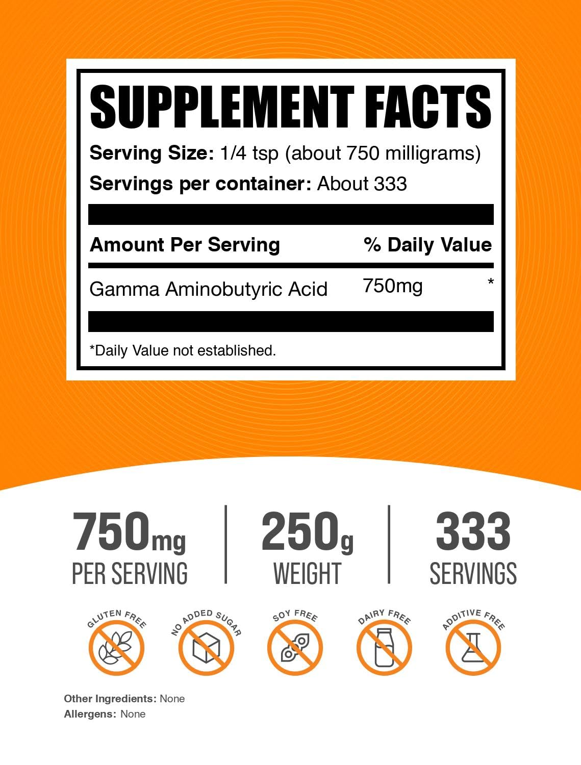 BulkSupplements GABA Powder 250g side view with nutritional information