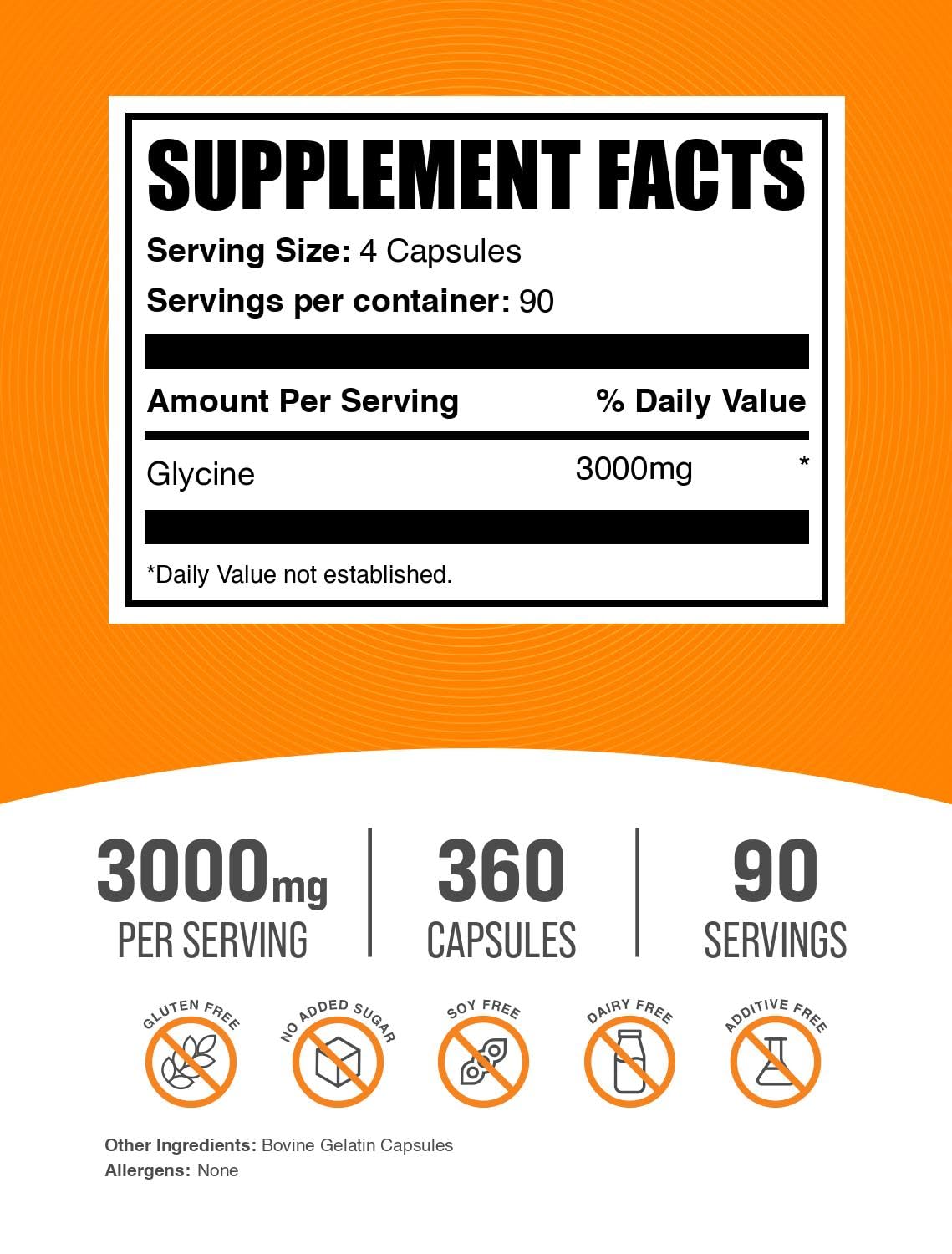 BulkSupplements Glycine 3000mg Capsules side view