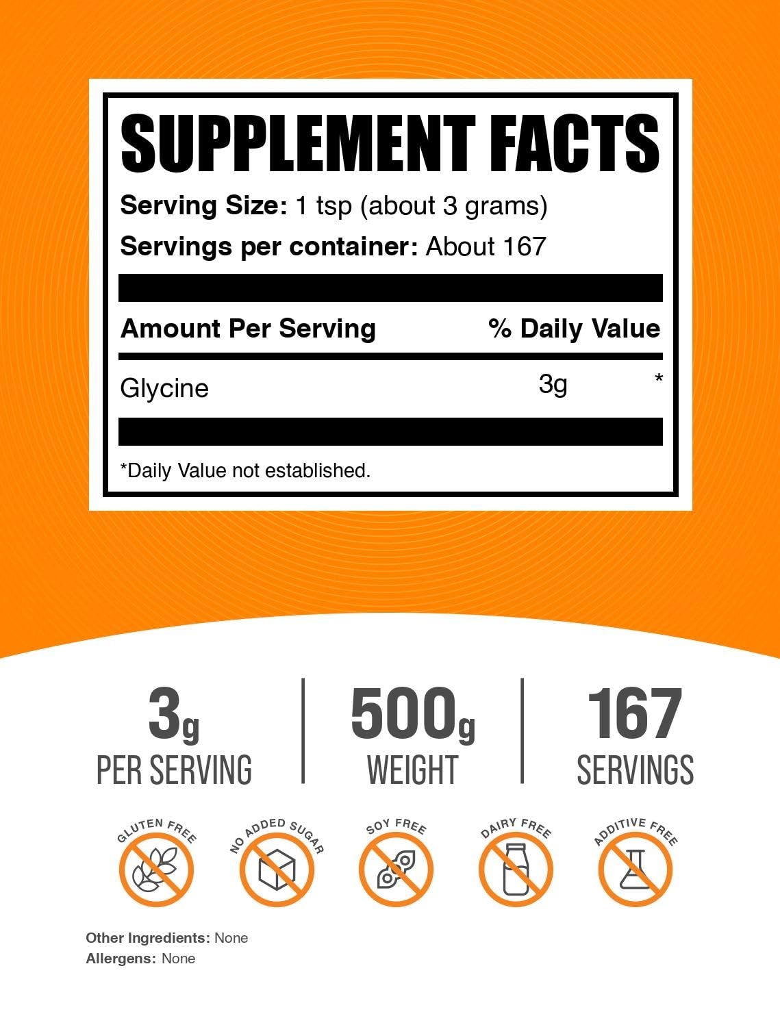 BulkSupplements Glycine Powder 500g back view packaging