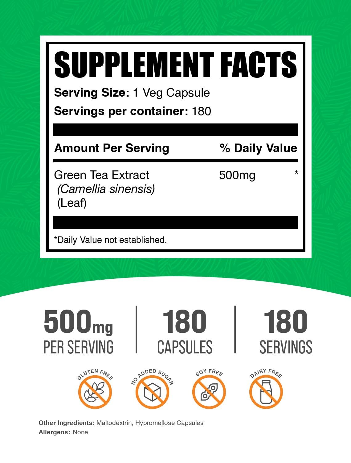 BulkSupplements Green Tea Extract 500mg Capsules side view