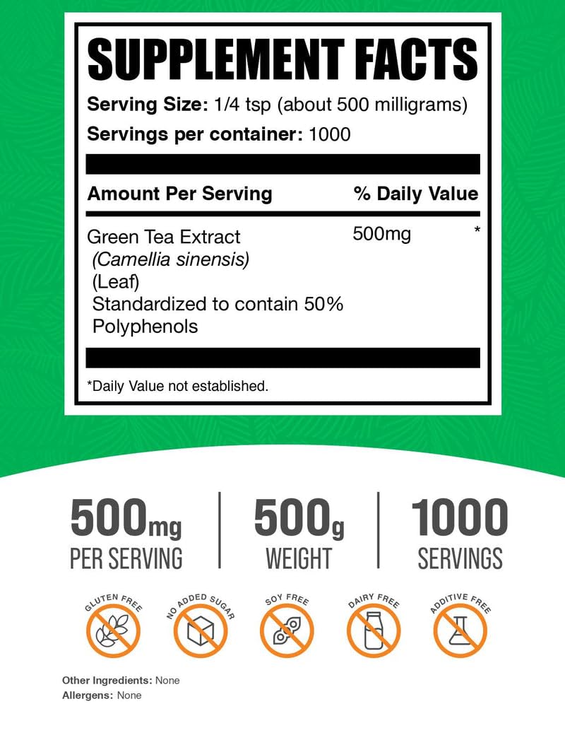 BulkSupplements Green Tea Extract Powder 500g nutritional information