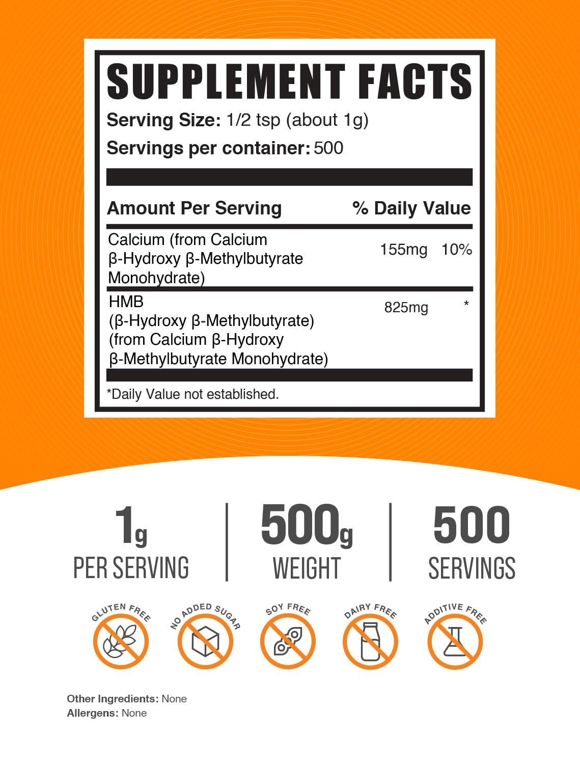 BulkSupplements HMB Powder 500g side view with nutritional information